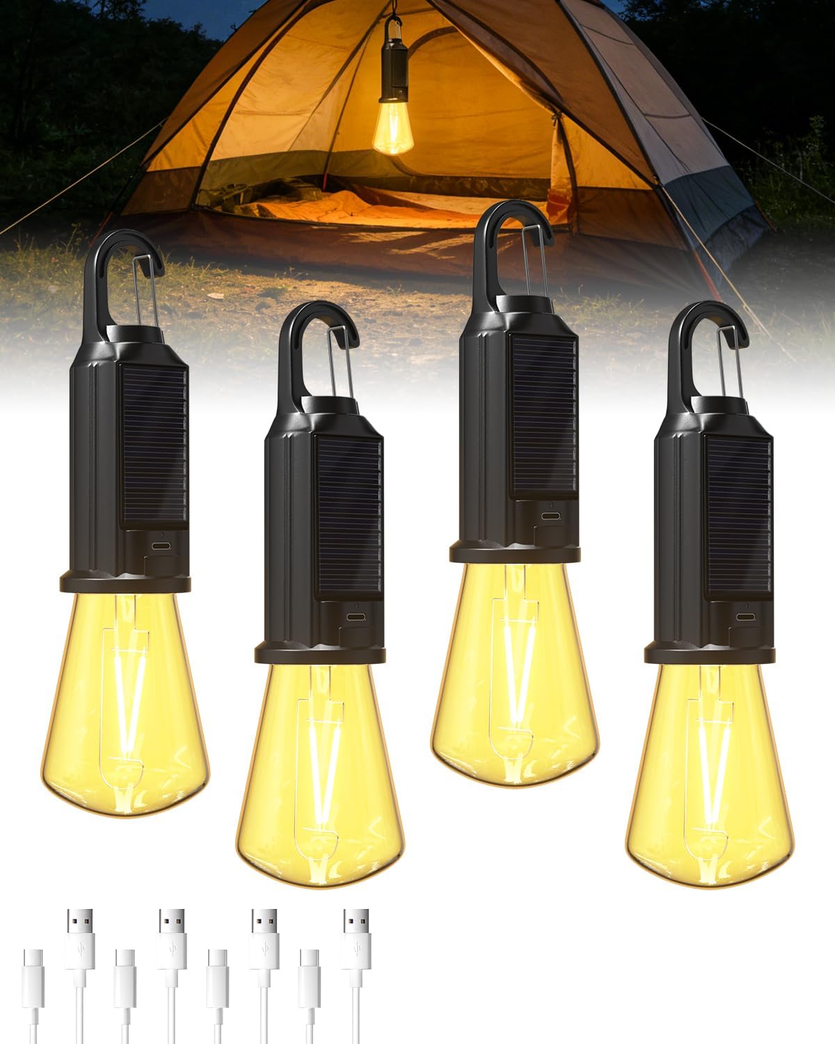 Bonlux Campinglampe, Solar-Campinglampe, LED, wiederaufladbar, USB, IP65, wasserdicht, Outdoor-Zeltlampe, warmweißes Licht, dimmbare wiederaufladbare Glühbirne für Camping, Wandern, Stromausfälle, Notfälle