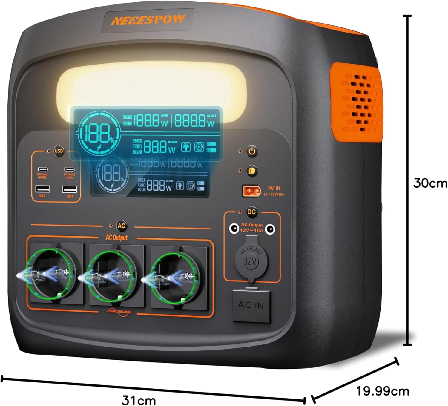 Tragbares Kraftwerk 1800 W (Spitze 3600 W)/1102,5 Wh, LiMnFePO4-Akku, 0–100 % aufgeladen in 65 Minuten, USB-C 100 W, Gleichstromausgang, 230 V AC-Steckdosen, Mppt 400 W Solarladung, Solargenerator für Camping – Bild 8