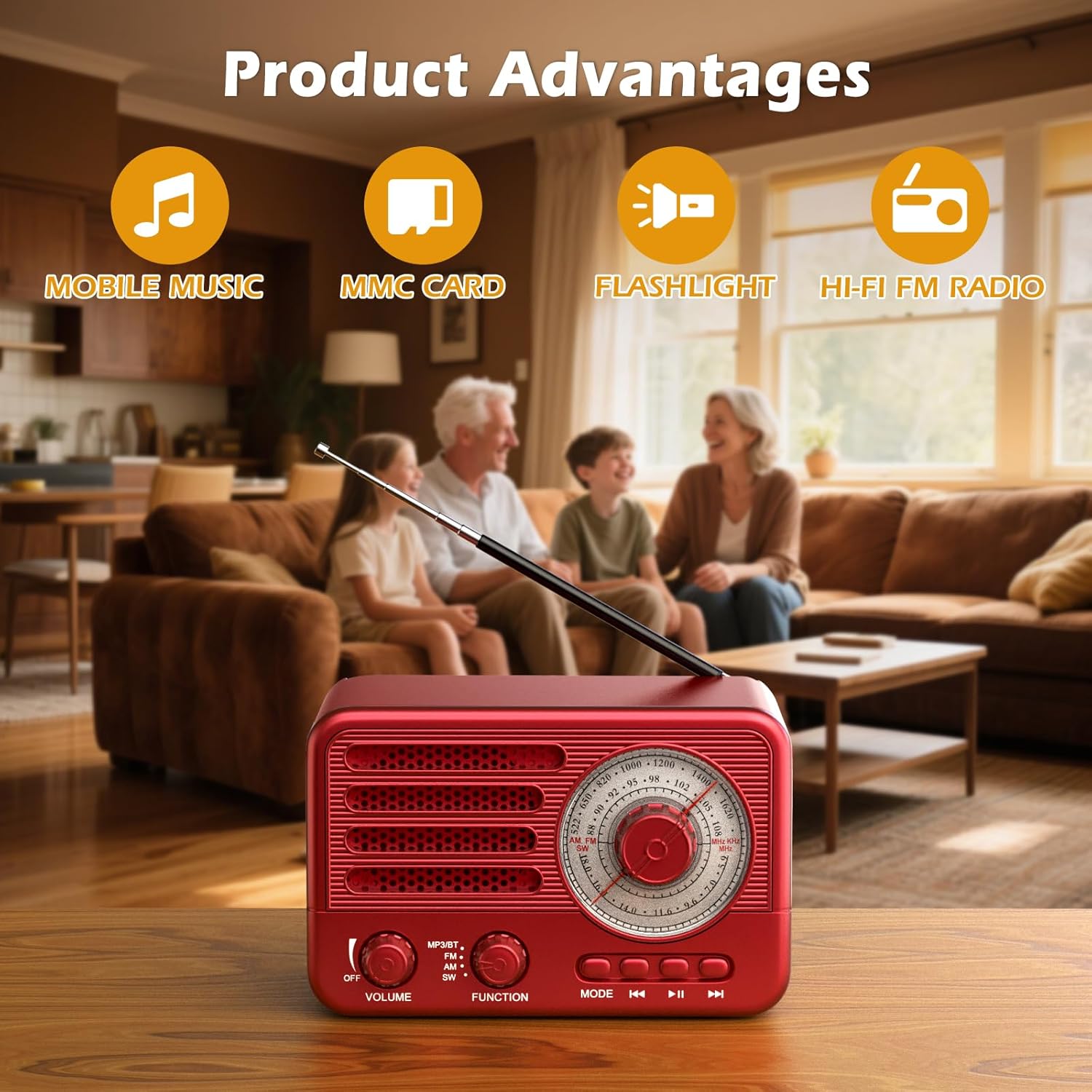 Retro-Transistorradio, batteriebetriebenes AM-FM-SW-Radio, kleiner wiederaufladbarer tragbarer MP3-Player mit Unterstützung für TF-Karte/Aux/USB (rot) – Bild 7