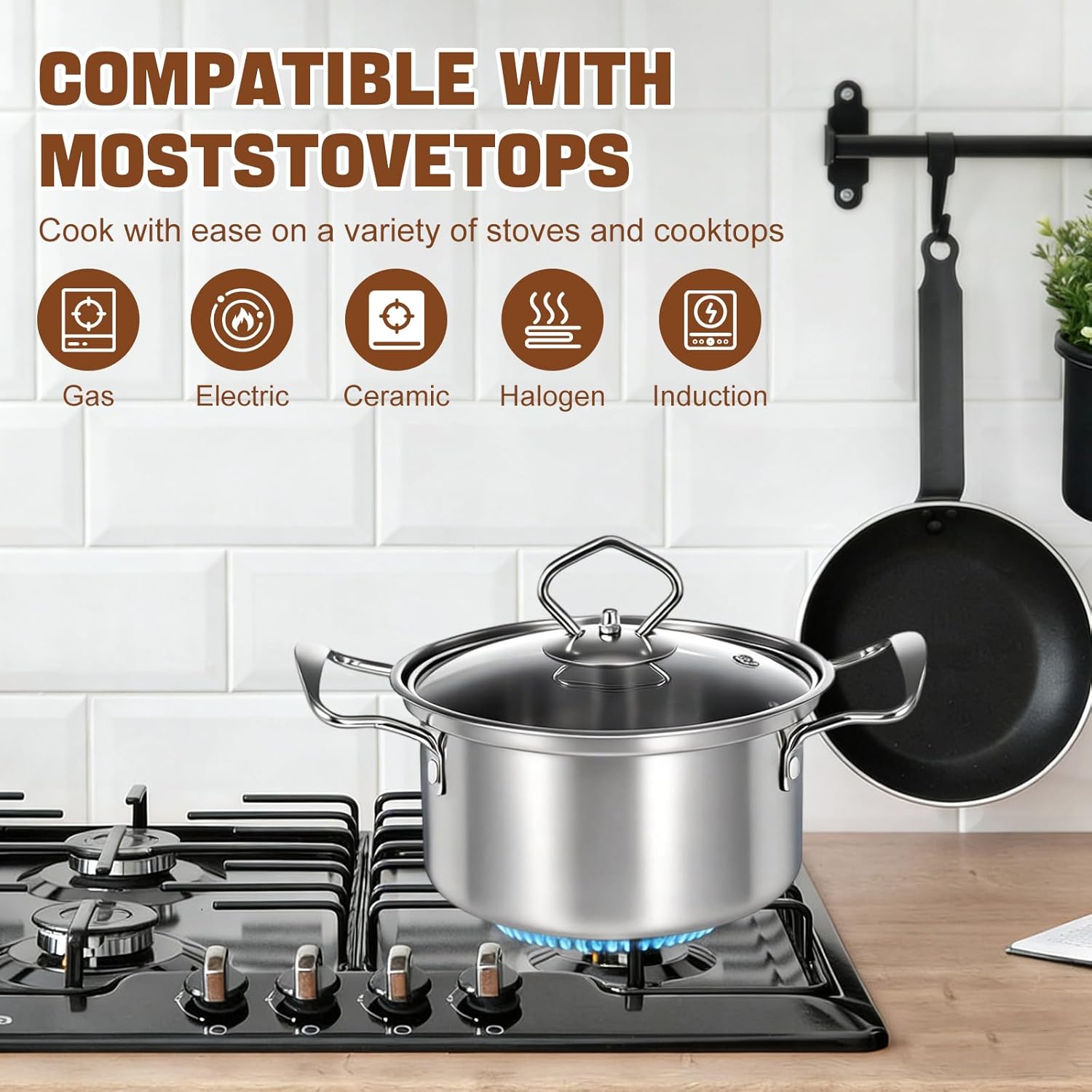 10-teiliges Induktions-Topfset, Topfset aus Edelstahl mit Glasdeckel und Kochtopf, Induktionstöpfe-Set, für alle Herdarten, unbeschichtet, Topfset Induktion – Bild 2
