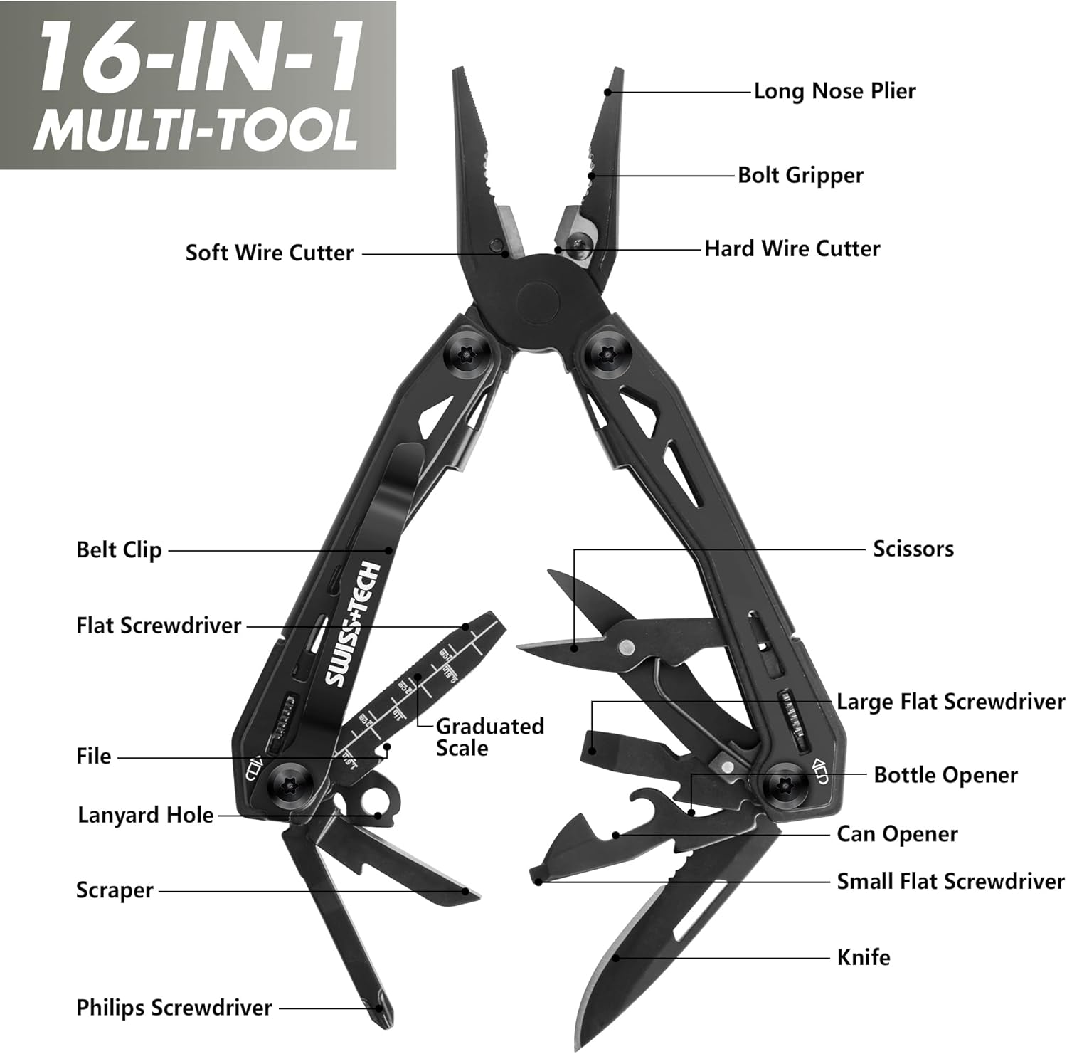 Swiss+Tech Multitool 16 in 1 Multifunktionszange aus Edelstahl, faltbar, Multifunktionswerkzeug, Multifunktionszange mit Messer, Flaschenöffner, Gürtelclip für Camping, Reparatur, mit Tragetasche – Bild 2