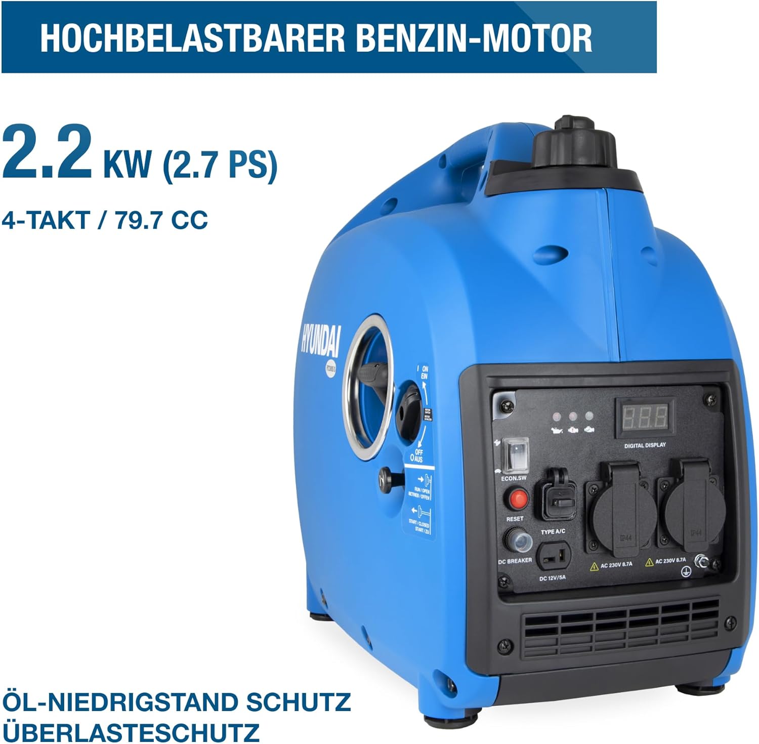 Hyundai Inverter-Generator HY2000Si D (tragbarer Benzingenerator, Inverter-Stromerzeuger mit 2 kW Maximalleistung, Notstromgenerator, Generator) | Stromgenerator mit 2,2 kW max. Power, Benzin-Notstromaggregat, leise, leicht und sparsam – Bild 7
