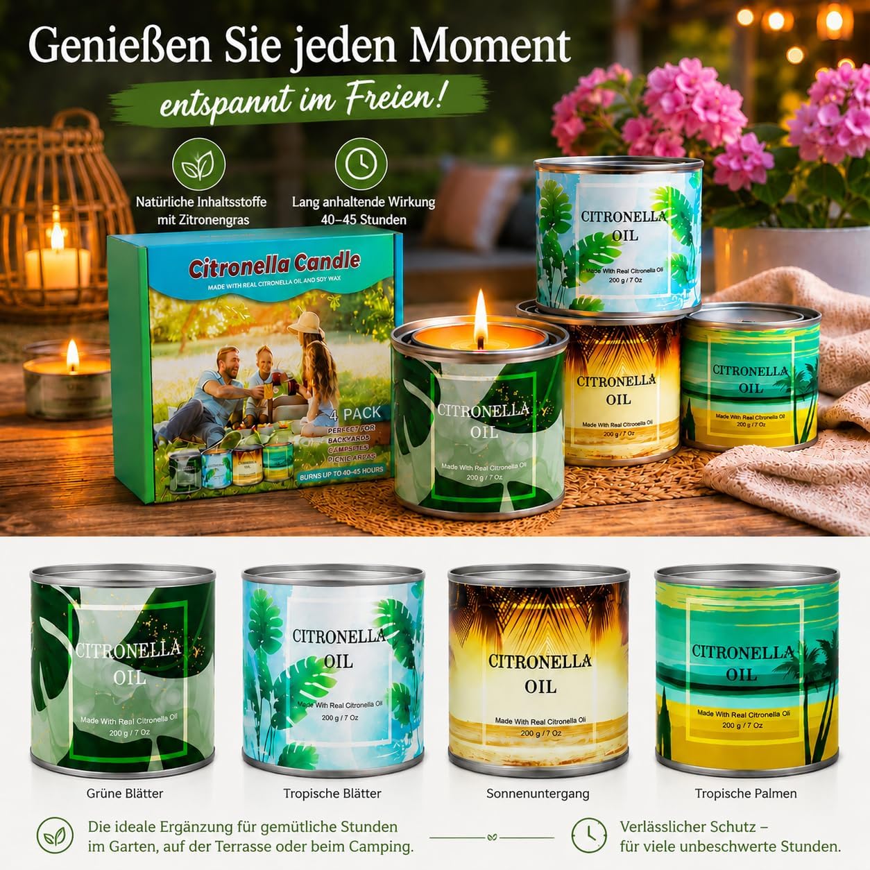 Creashine Citronella Kerzen Outdoor 4er Set, 800g Sojawachskerzen mit Zitronengrasduft, lange Brenndauer für Garten, Balkon, Terrasse, Camping und Outdoor-Aktivitäten – Bild 3