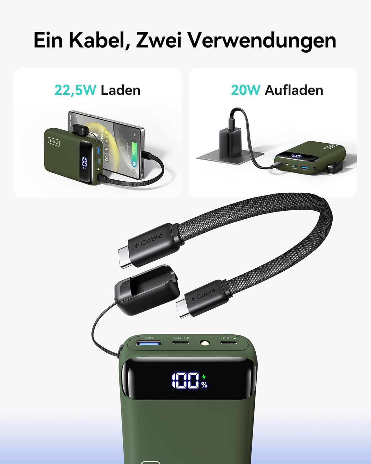 INIU Ultra kleine 20000 mAh Powerbank, 22,5 W Schnelllade-Powerbank mit abnehmbarem USB-C-Kabel, flugtauglich & reiseunverzichtbar, externe Handy-Akkus für Camping, Outdoor-Aktivitäten, Festival, Grün – Bild 5