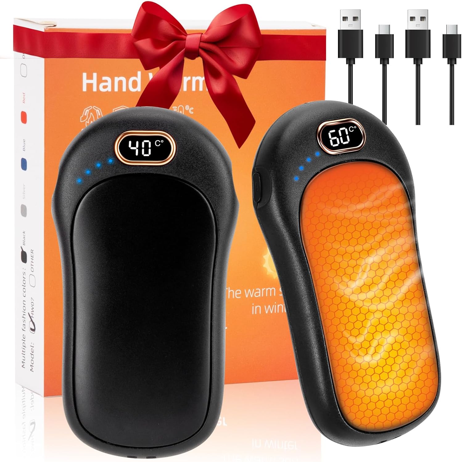 Wiederaufladbarer Handwärmer, 10000 mAh, 2 Stück, elektrische Handwärmer mit LED-Anzeige, beidseitig beheizter Taschenwärmer, 40–60 °C verstellbarer Handwärmer, magnetischer wiederverwendbarer Handwärmer, Geschenk