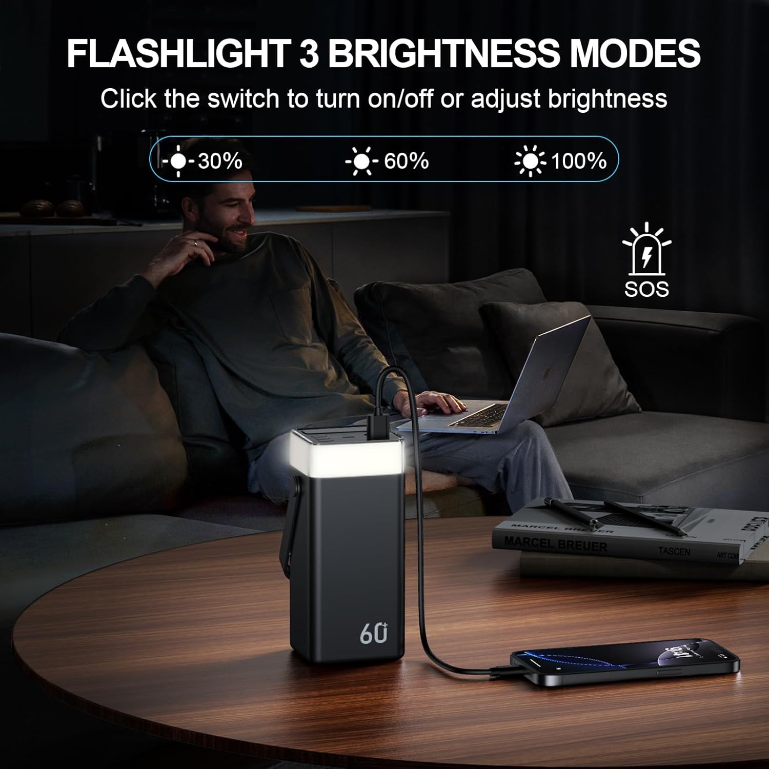2026 Powerbank 60000 mAh, großes 22,5 W USB-C-Schnellladegerät, Powerbank mit 3 Kabeln, 5 Ausgänge, tragbarer externer Akku mit LED-Anzeige, Taschenlampe, kompatibel mit iPhone, Samsung, Android (schwarz) – Bild 8