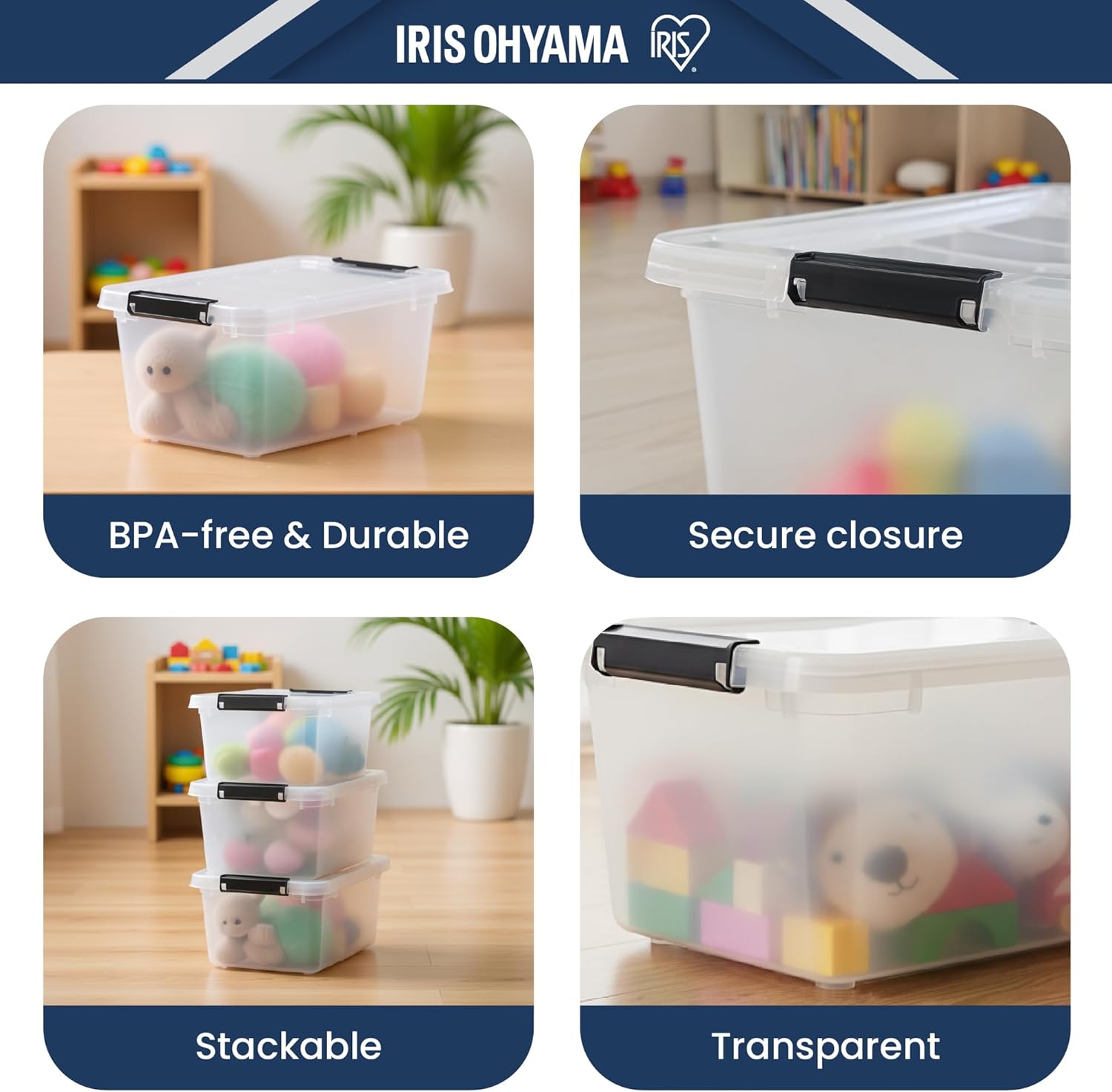 Iris Ohyama FTB-4.5 Aufbewahrungsboxen mit Deckel, 4,5 l, 4er-Set, transparent, sicherer Verschluss, stapelbar, Griffe, Schlafzimmer, Schrank, Büro, Organisation, BPA-freier Kunststoff, Organizer-Boxen, FTB-4.5 – Bild 3