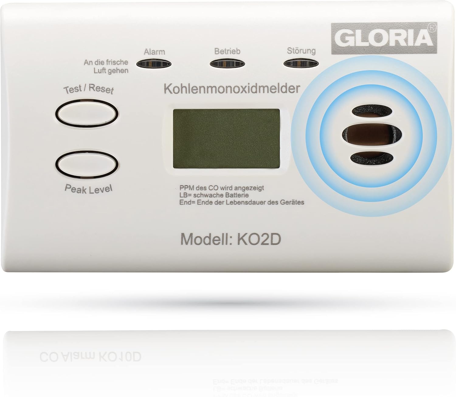 GLORIA Kohlenmonoxidmelder KO2D mit 10 Jahren Garantie und austauschbaren AA-Batterien