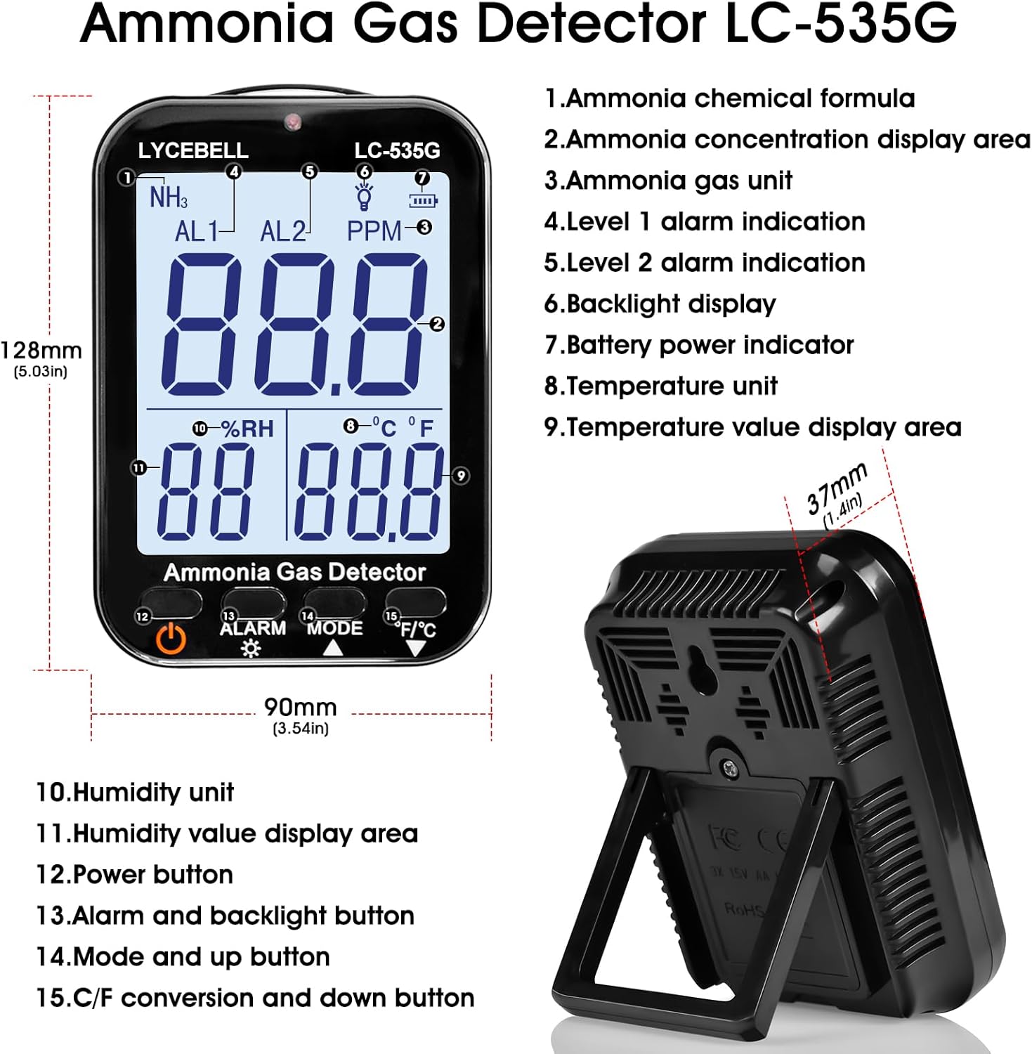535G Ammoniak-Gasdetektor, NH3-Monitor 0–100 ppm mit Doppelalarm, wiederaufladbarer tragbarer Gasleckdetektor für Bauernhof/Industrie/Zuhause, Temperatur- und Luftfeuchtigkeitsanzeige – Bild 7