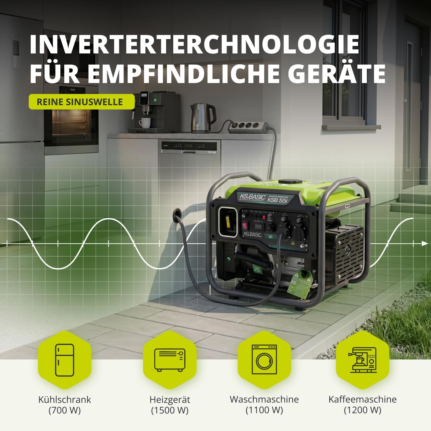 K&S Basic 30i Inverter-Generator 2800 W, 3000 W maximal, kompakter Notstromgenerator Benzin, reine Sinuswelle, Stromerzeuger mit Eco-Modus, für Heim-, Camping- und Werkstattarbeiten, Euro 5 – Bild 3