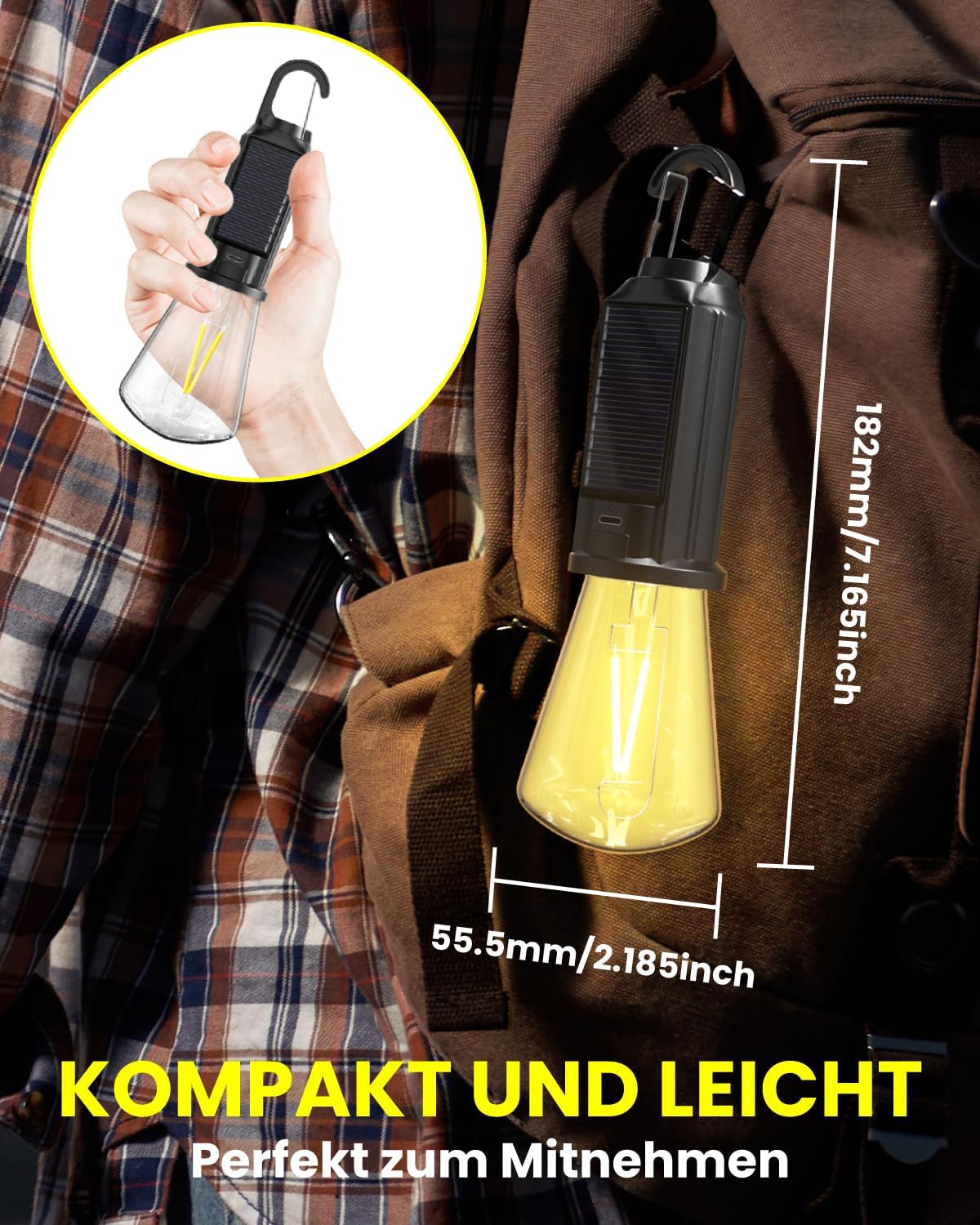 Bonlux Campinglampe, Solar-Campinglampe, LED, wiederaufladbar, USB, IP65, wasserdicht, Outdoor-Zeltlampe, warmweißes Licht, dimmbare wiederaufladbare Glühbirne für Camping, Wandern, Stromausfälle, Notfälle – Bild 6