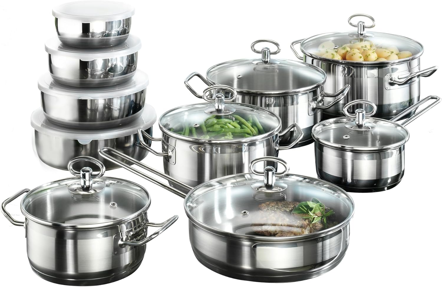 Karcher Jasmin 121008 20-teiliges Kochgeschirr-Set mit Brattopf und 4 Schüsseln aus Edelstahl für Induktion
