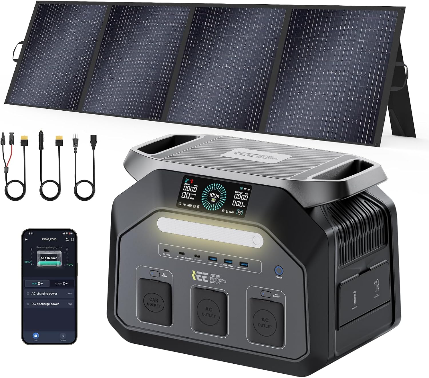 IEE 1800 W Solargenerator P1800 mit 200 W Solarpanel, 1024 Wh LiFePO4-Akku, tragbares Kraftwerk, 0–80 % in 45 Minuten Aufladen, 11 Anschlüsse, App, tragbares Kraftwerk für Camping, Wohnmobile