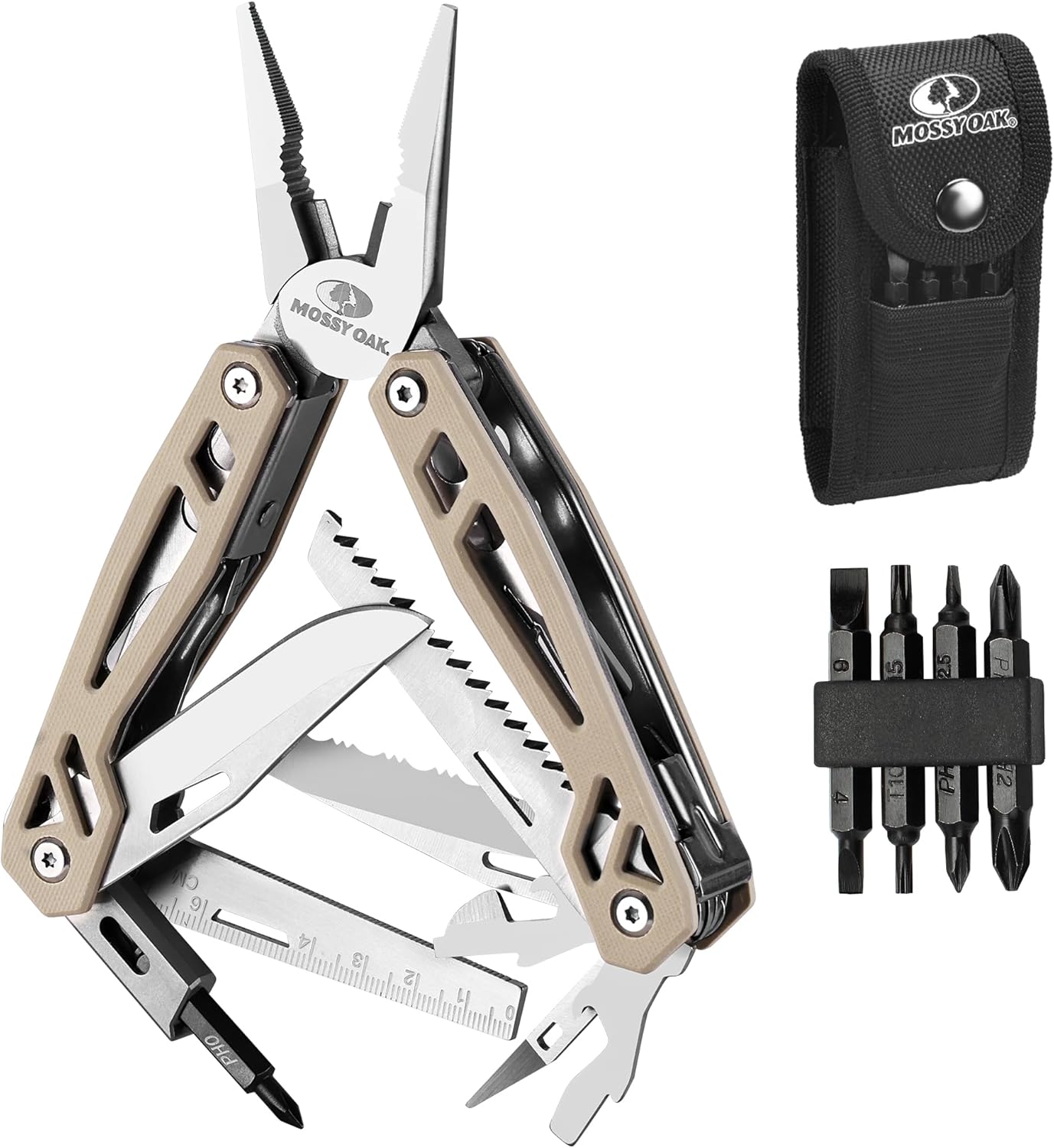 Mossy Oak 22-in-1-Multifunktionszange, Edelstahl-Multitool-Werkzeug, faltbares Multitool mit Bits, Messer, Säge und Lineal, Outdoor-Werkzeug für Camping, Wandern und Reparatur, inklusive Tragetasche, braun