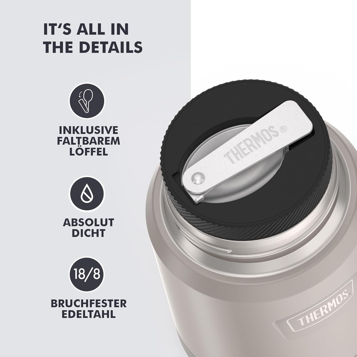 Thermos ICON Thermo-Speisebehälter Beige 0,47 L – Hält Speisen 10 Stunden heiß & 24 Stunden kalt, Edelstahl, absolut auslaufsicher, mit Klapplöffel, BPA-frei – Bild 4