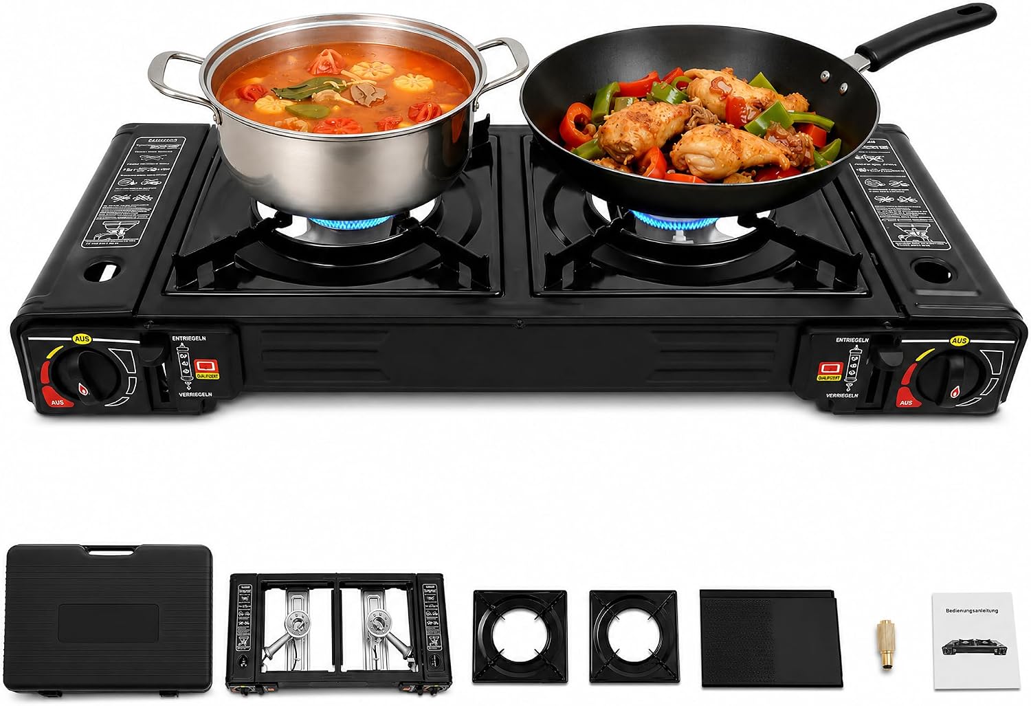 Gaskocher 2-Burb Tragbarer Campingkocher mit 2 x 2500 W & Backblech, gasbetrieben für Butan/LPG – Leichter Outdoor-Kocher mit Piezo-Zündung & Tragetasche, ideal für Camping, Garten & Picknick