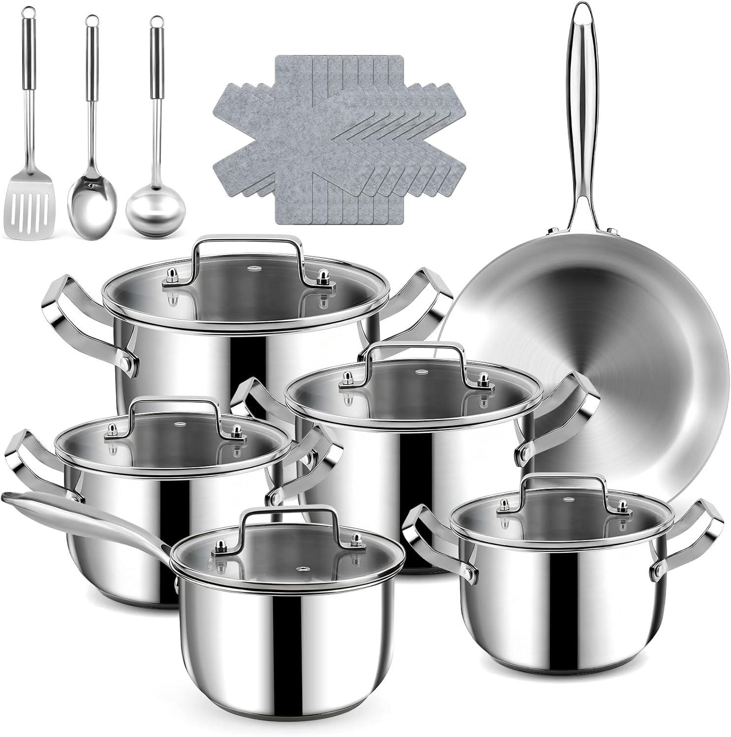 Kochtopf-Set aus Edelstahl, 3-lagige 30 cm Bratpfannen & 18/20/22/26 cm Deckeltöpfe mit Dampfgarer, 21-teiliger Kochtopf mit Deckel (18 cm), induktionsgeeignet, ofenfest