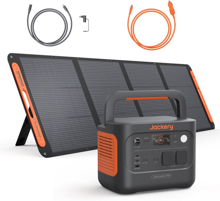 Jackery Explorer 1000 v2 Solargenerator-Set, 1070 Wh E1000 v2 LiFePO4-Kraftwerk mit 200 W Solarpanel, 5 m Verlängerungskabel und DC8020-Autoladegerät, 1 Stunde Schnellladung, für Camping und Wohnmobil