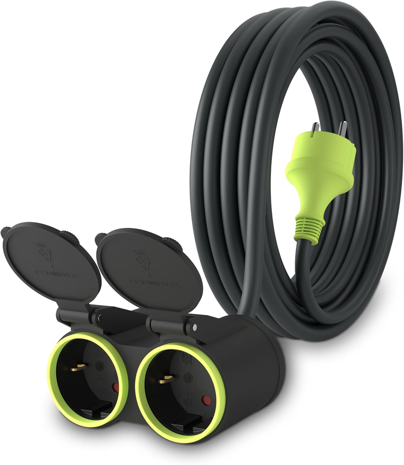 MutecPower 5 m Verlängerungskabel mit 2 Schuko-Steckdosen für den Außenbereich IP44 H05RR-F3G 1,5 mm² Doppelverlängerung mit 2 Schutzkontakt-Steckdosen 2-fach Outdoor-Verteiler 5 m schwarz/grün