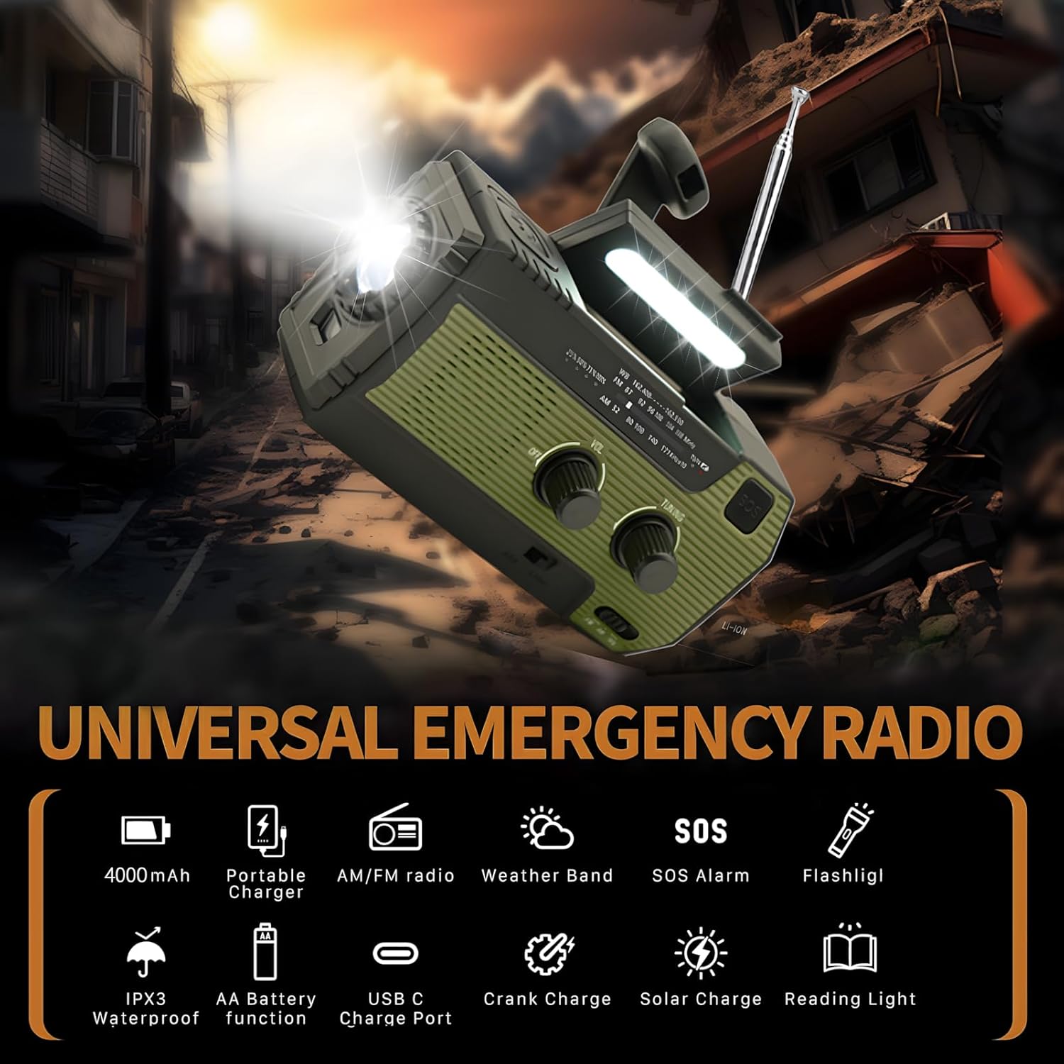 Notfall-Solarradio, solarbetriebenes Kurbelradio von Solarbaby mit LED-Taschenlampe, SOS-Alarm, AM/FM-Wetter-Aufziehradio mit 4000-mAh-Akku zum Notladen des Smartphones – Bild 5