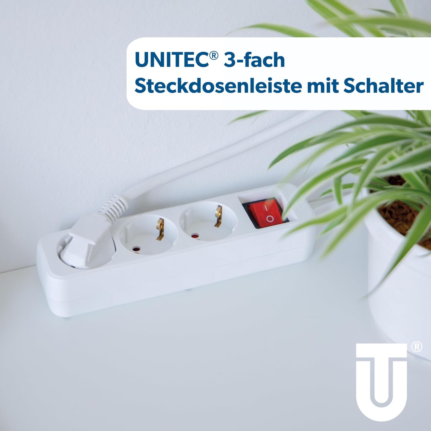 Unitec Steckdosenleiste 3-fach mit Schalter, 1,4 m. Weiß, 445211. – Bild 2