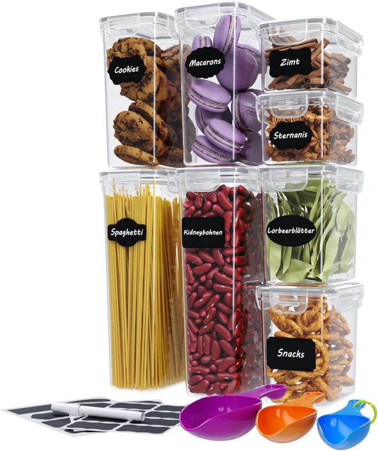 WELLGRO Vorratsdosen-Set mit Etiketten, Kreidestift und Messlöffeln, Frischhaltedosen mit Deckel, BPA-frei, luftdicht, auslaufsicher, spülmaschinenfest, Menge: 8 Stück