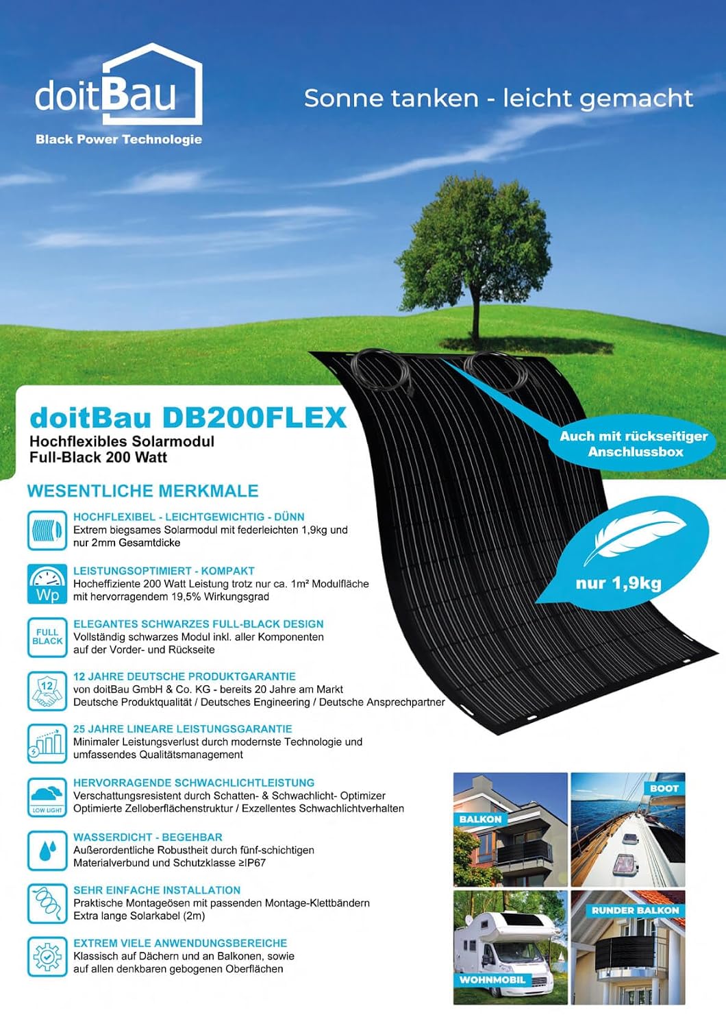 doitBau Flexibles Solarpanel 200 W, komplett schwarz mit Backbox – ultradünn 2 mm, 1,9 kg – 1352 x 770 mm für Wohnmobil, Boot, Balkon und Dach – Bild 7