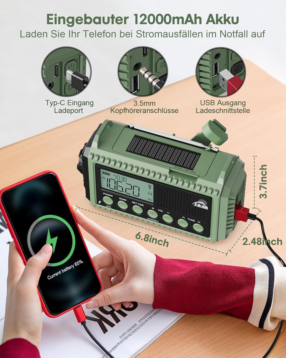 12000 mAh Kurbelradio, Solar- & Kurbel-Notfallradio, tragbares Retro-Radio mit Weltempfänger, AM/FM/SW-Radio, als Taschenlampe & Leselampe, USB-Handy-Ladegerät, SOS-Alarm, für Camping, Notfall, Blackout – Bild 3