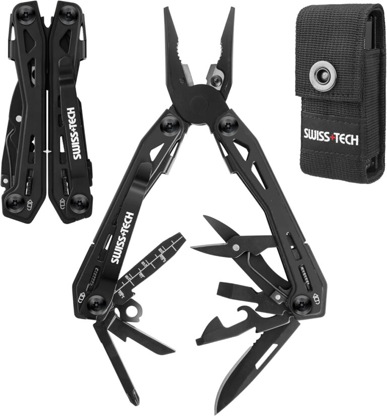 Swiss+Tech Multitool 16 in 1 Multifunktionszange aus Edelstahl, faltbar, Multifunktionswerkzeug, Multifunktionszange mit Messer, Flaschenöffner, Gürtelclip für Camping, Reparatur, mit Tragetasche