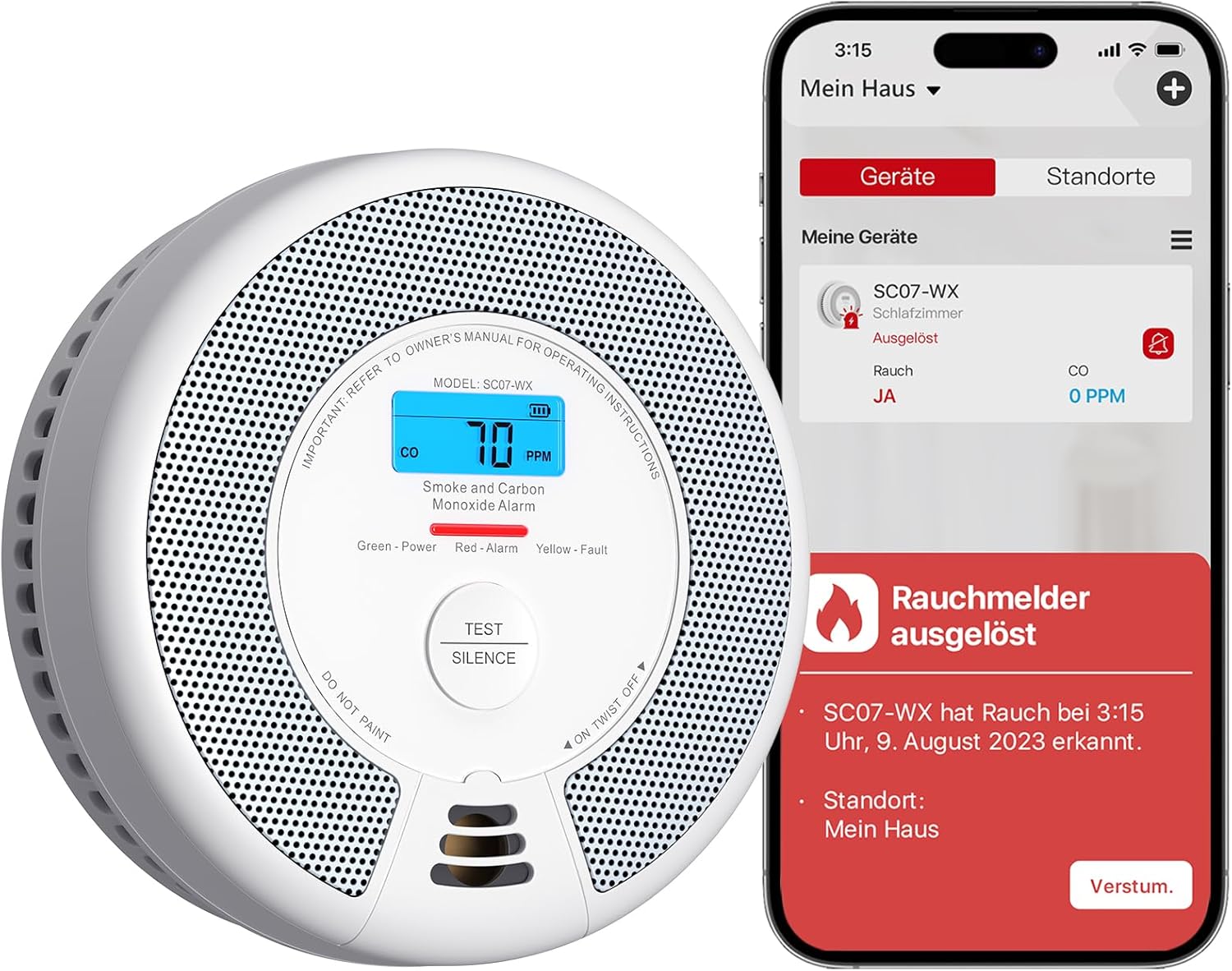 X-Sense WLAN-Rauch- und Kohlenmonoxidmelder mit austauschbarer Batterie, intelligenter Kombinationsmelder, kompatibel mit der X-Sense Home Security App, SC07-WX, 1 Stück