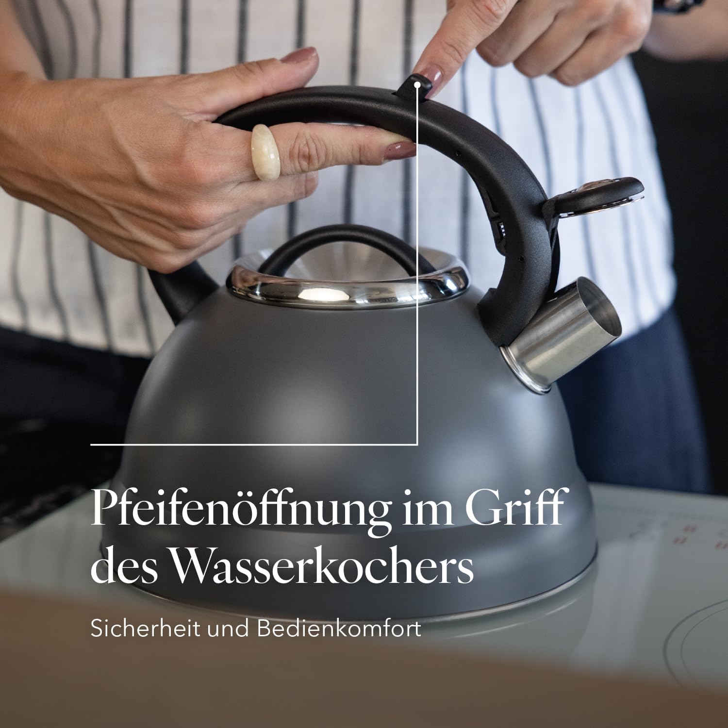 FLORINA JACOB Wasserkocher (2,5 L) | Teekessel aus Edelstahl | Pfeifkessel mit Bakelitgriff und Pfeifgeräusch | Pfeifkessel für Tee und Kaffee | Geeignet für alle Herdarten | Farbe: Grau – Bild 5