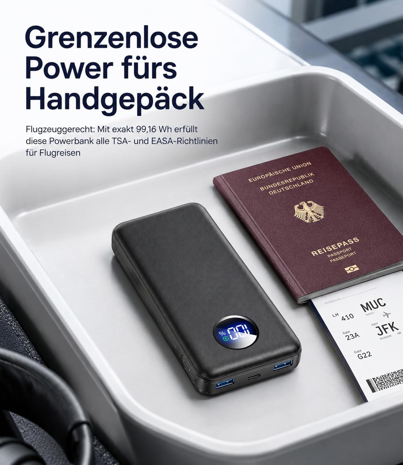 Powerbank 26800 mAh, 22,5 W Schnellladefunktion Externer Akku mit 3 Ausgängen (USB-C 20 W PD 3.0 & QC 3.0 USB-A), Flugzeugzulassung, Kompaktladegerät für iPhone 17 16 15, Samsung, iPad, Carbon – Bild 4