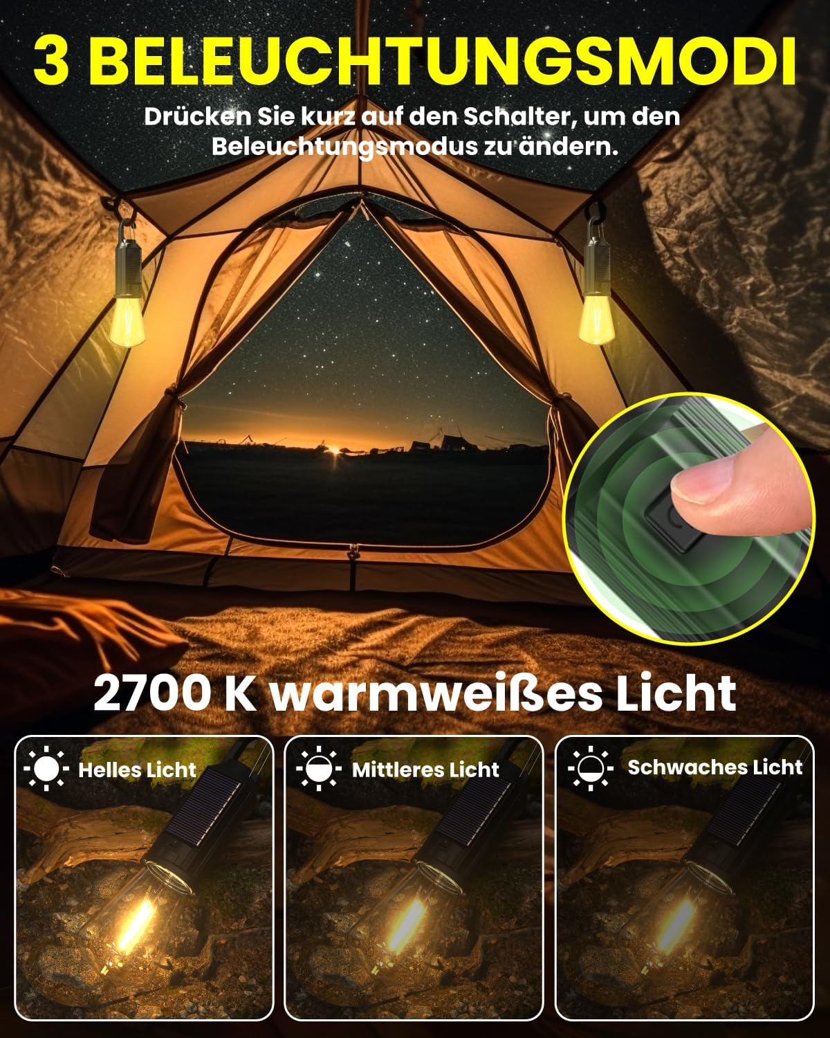 Bonlux Campinglampe, Solar-Campinglampe, LED, wiederaufladbar, USB, IP65, wasserdicht, Outdoor-Zeltlampe, warmweißes Licht, dimmbare wiederaufladbare Glühbirne für Camping, Wandern, Stromausfälle, Notfälle – Bild 4