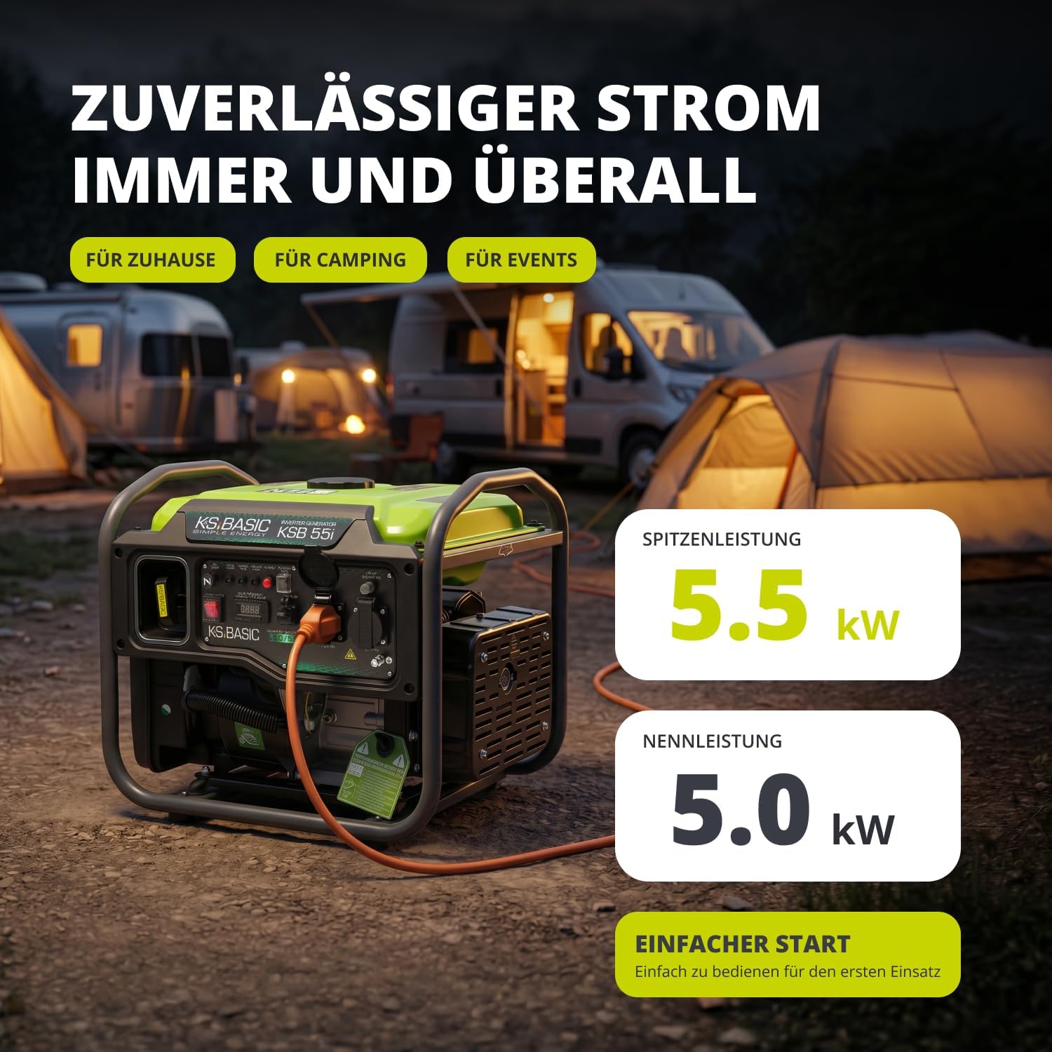 K&S Basic 30i Inverter-Generator 2800 W, 3000 W maximal, kompakter Notstromgenerator Benzin, reine Sinuswelle, Stromerzeuger mit Eco-Modus, für Heim-, Camping- und Werkstattarbeiten, Euro 5 – Bild 2