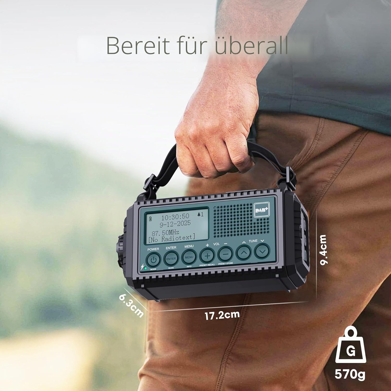 Kurbelradio DAB/DAB+/FM, Baustellenradio batteriebetrieben, tragbares Solar-Notfallradio mit 5000 mAh Akku, LED-Taschenlampe & Leselicht, IPX4, SOS-Alarm für Outdoor, Camping – Bild 8