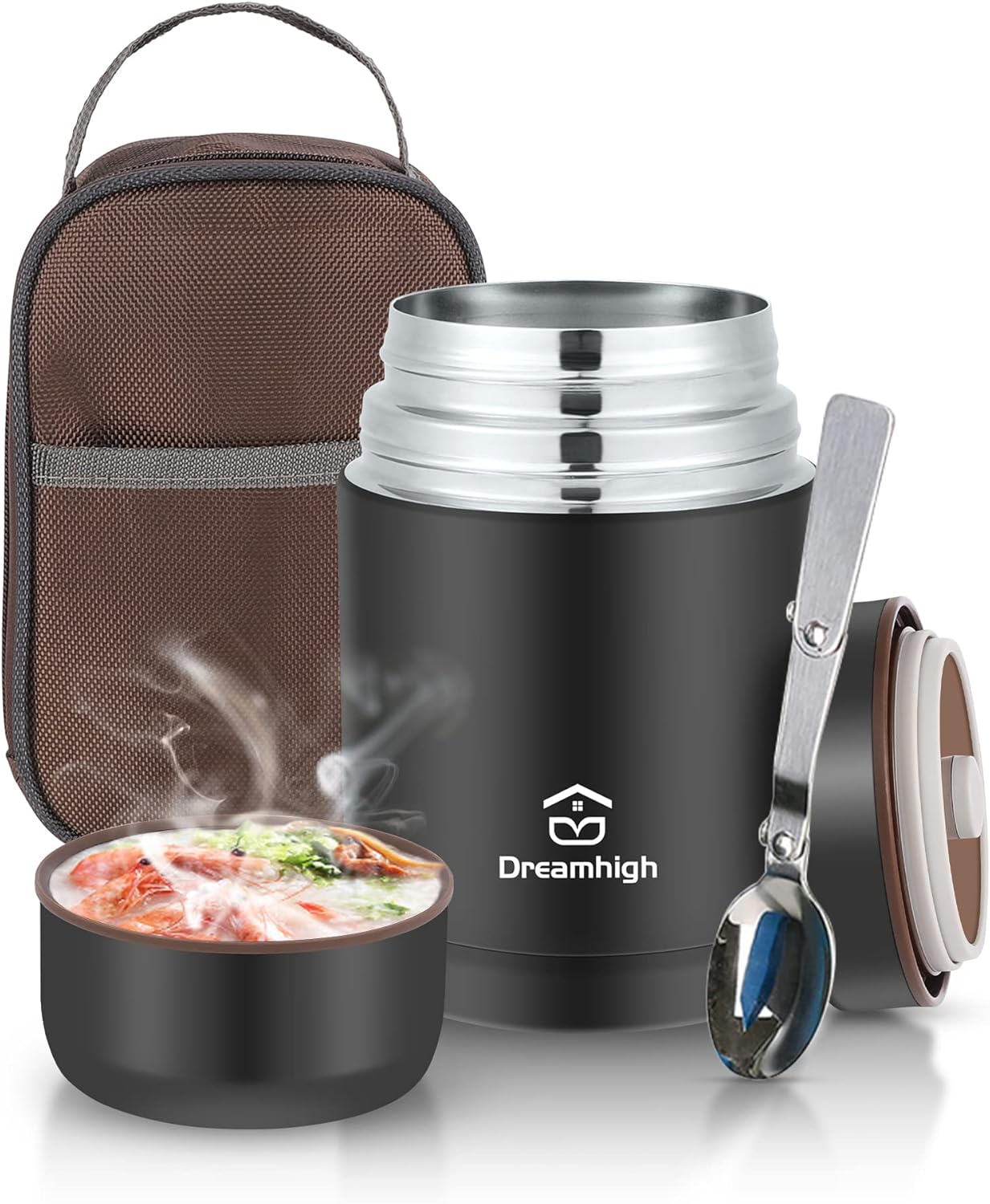 Dreamhigh Thermo-Lebensmittelbehälter, 800 ml, Edelstahl-Warmhaltebehälter, Lebensmittel-Thermoskanne, auslaufsicher, inklusive Löffel, 12 Stunden heiß, 12 Stunden kalt