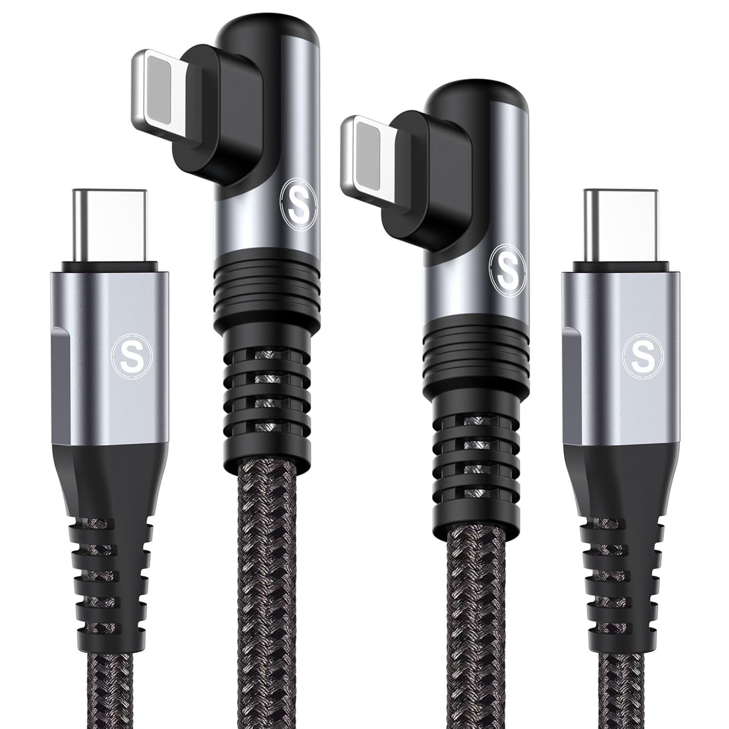 USB-C-Ladekabel (2 Stück, 2 m), SWECENT 90-Grad-iPhone-Ladekabel, Power Delivery, Nylon, schnelles Typ-C-Ladekabel für iPhone 14/13/Pro/Pro Max/Mini/12/12Pro Max/Mini/11 Pro/X/XS/XR/SE/8 Plus, Grau