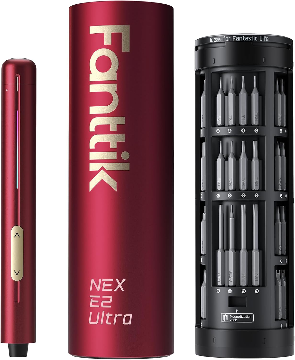 Fanttik E2 Ultra 3,7 V Mini-Elektro-Schraubendreher-Set, 50-in-1 magnetischer Präzisions-Schraubendreher-Satz, max. 0,6 Nm, 5/32 Zoll Sechskant, für die Reparatur von iPhones, Laptops, Brillen, Uhren (rot)