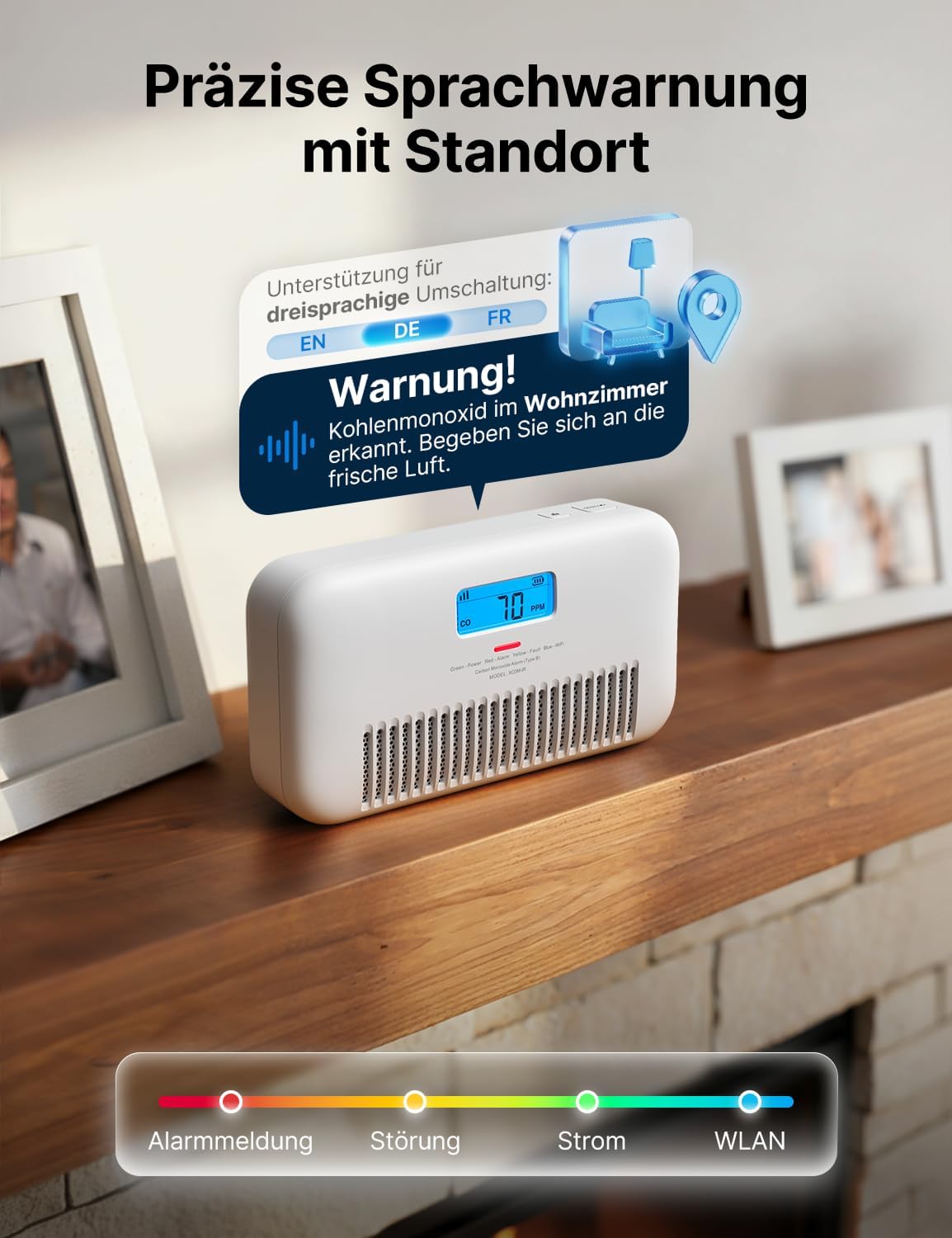 X-Sense WLAN-Kohlenmonoxidmelder mit Sprachalarm, Temperatur- & Feuchtigkeitsanzeige, CO Melder mit austauschbarer Batterie, digitalem Display und CO-Spitzenwert-Verlauf, XC0M-iR, 1 Stück – Bild 3