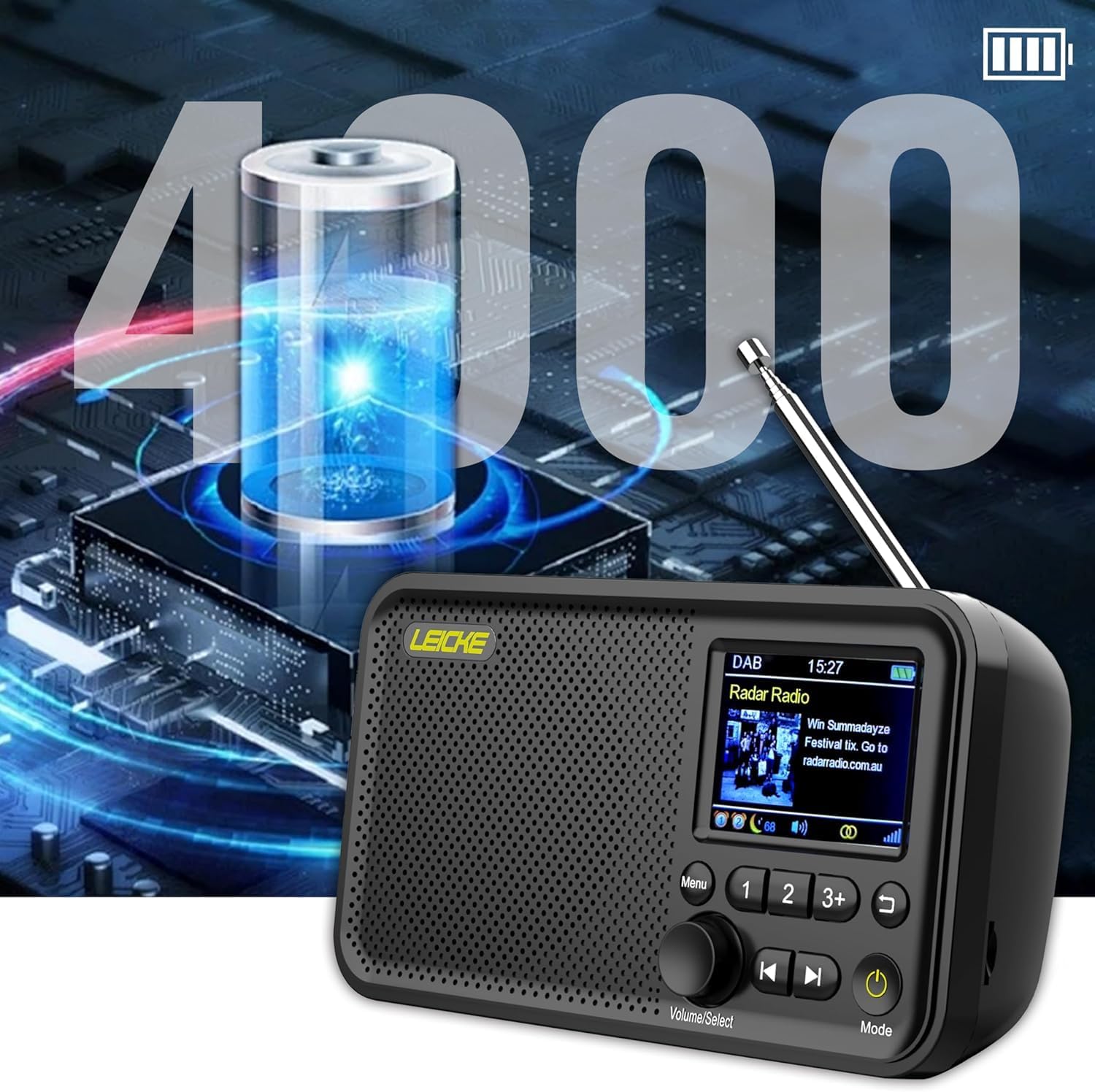 LEICKE Tragbares DAB+ Radio mit Bluetooth 5.0, DAB/DAB+ und UKW-Radio, 2,4 Zoll Farbdisplay, 80 Senderspeicher, Küchenradio mit Adapter oder 4000 mAh Batteriebetrieb, MicroSD/TF/AUX-Anschluss – Bild 3