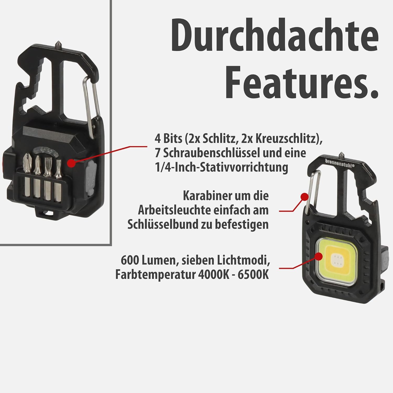 Brennenstuhl Mini-LED-Taschenlampe MTL 600 A (Akku-Werkstattlampe 600 lm, 7 Leuchtmodi, Schlüsselanhänger, Flaschenöffner, Bits und Schraubenschlüssel für Alltag, Notfall oder Camping) – Bild 4