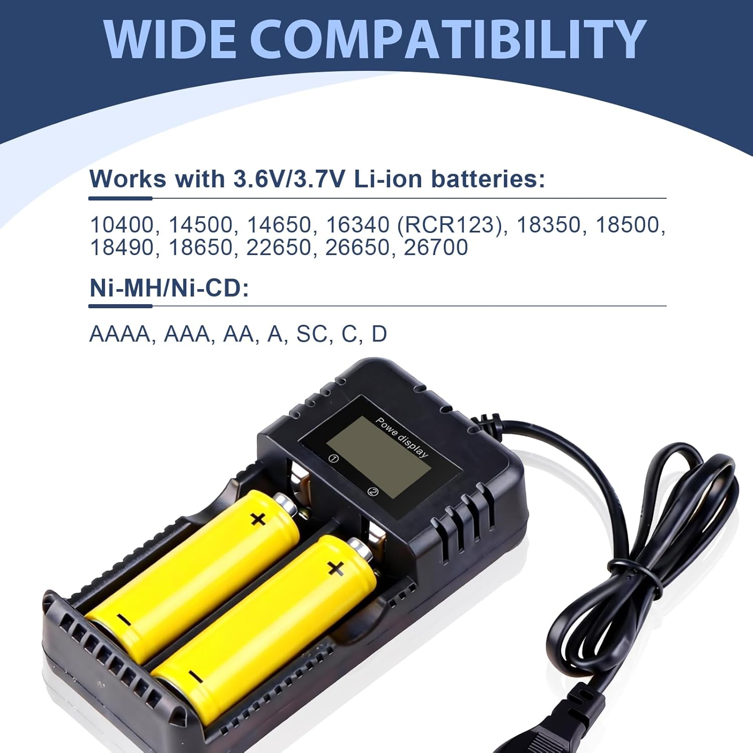 Ladegerät 18650, Akkuladegerät mit LCD-Display, 2-Slot-Li-Ion-Akkuladegerät mit intelligenter Schnellladung, kompatibel mit 3,7 V 26650/18650/14500/16340 Li-Ion-Akkus, für Lithium-Ionen-Akkus – Bild 5
