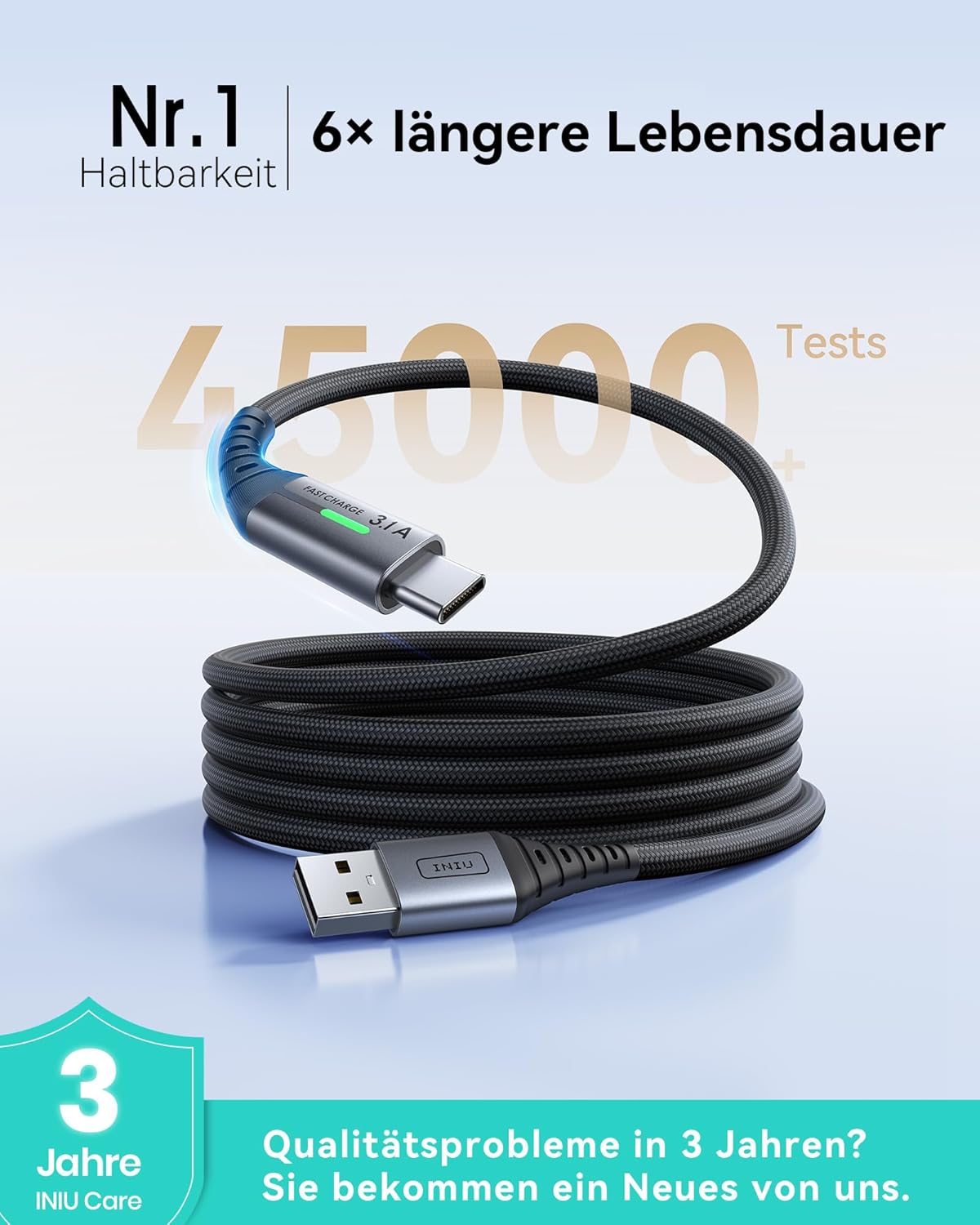 INIU USB auf USB C Kabel, (3 Stück 2 m/2 m/0,5 m), Laden USB-C Nylon Datenkabel, 3,1 A PD Schnellladekabel USB-C für Samsung Galaxy S22 S20 S10 iPhone 15 Huawei P30 Pixel 7 iPad Air Xiaomi PS5 – Bild 2