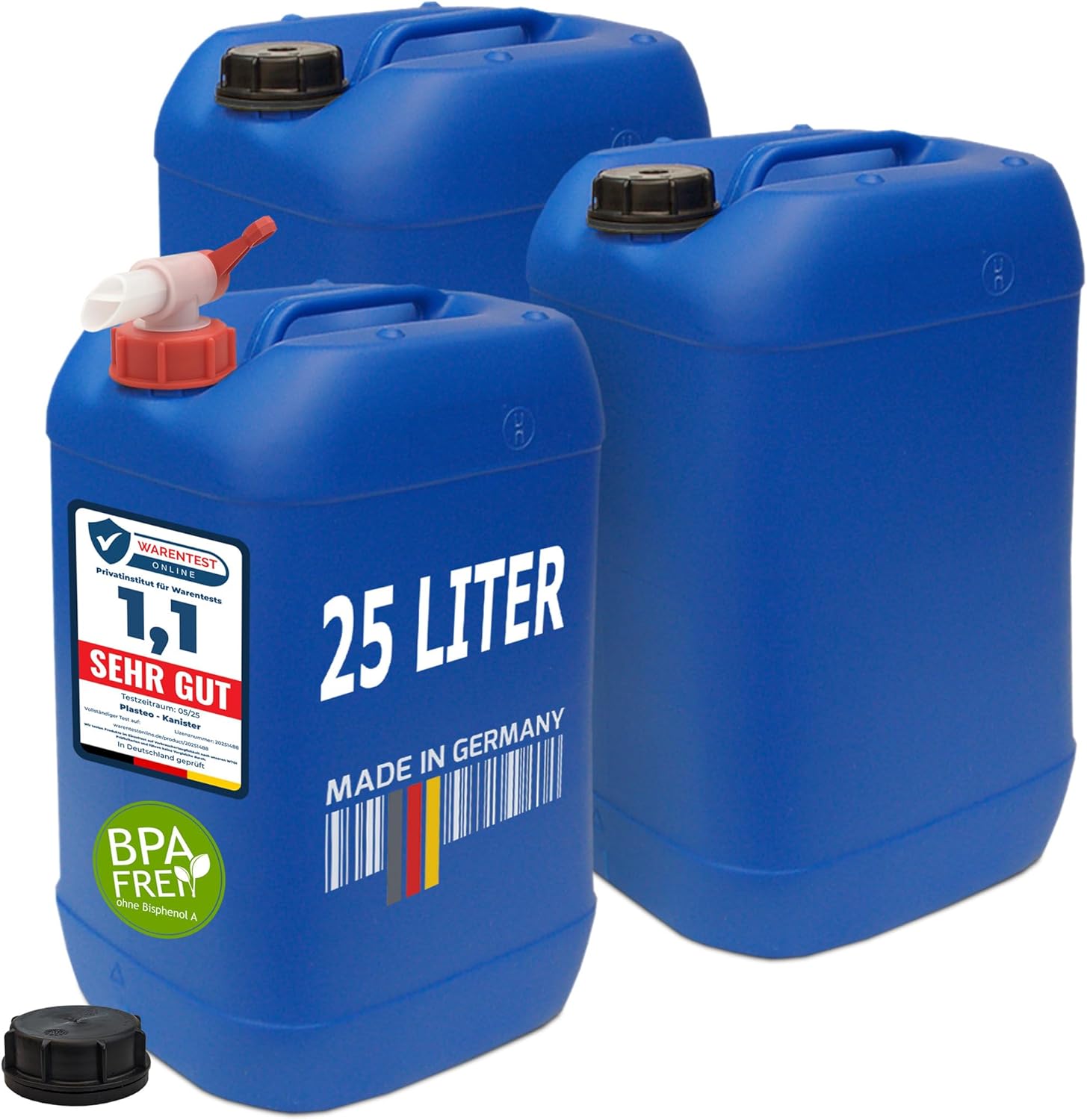 plasteo 25 Liter Trinkwasserkanister mit 1 Hahn und Schraubdeckel (DIN 61), blau