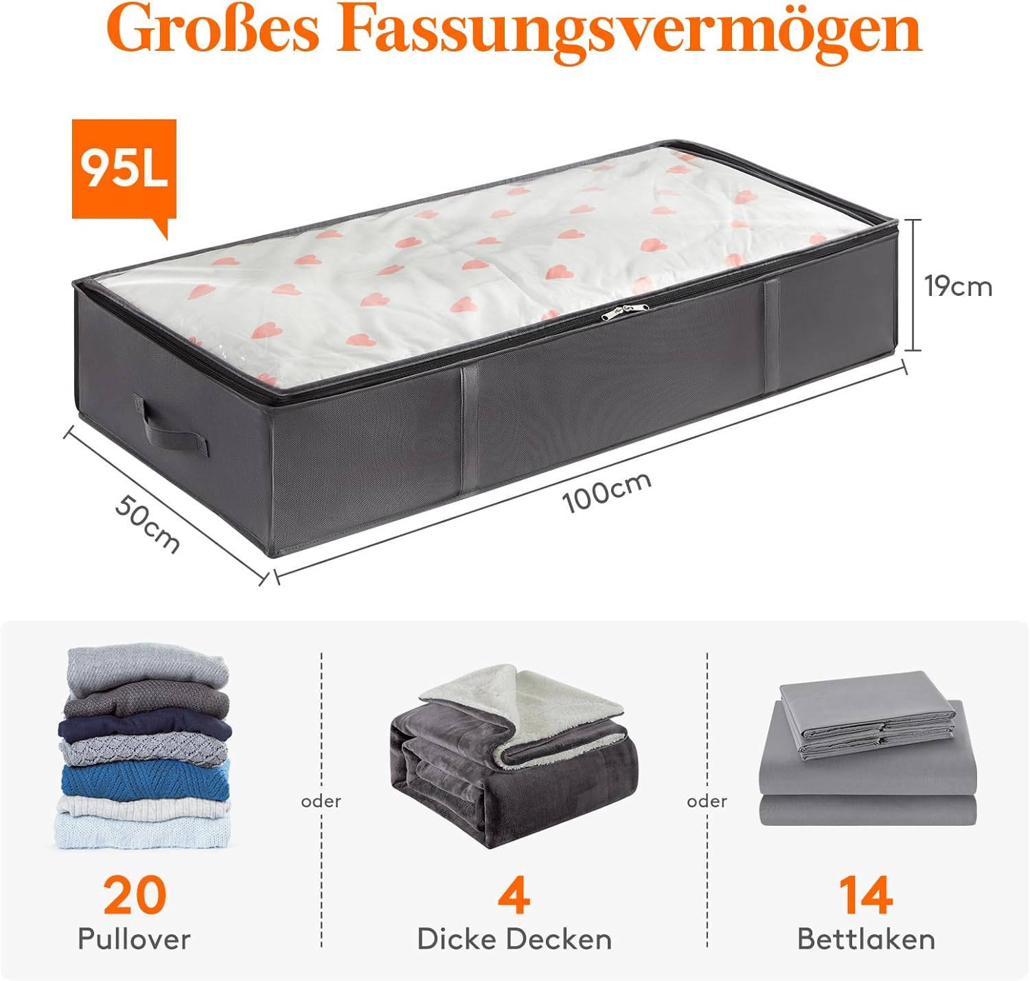 Lifewit Aufbewahrungstasche, Unterbett-Aufbewahrungstasche, Transporttasche, Umzugstaschen, Aufbewahrungsbox mit Deckel, faltbare Kleideraufbewahrung für Bettdecken, Kleidung, grau, 4 Stück, 95 l – Bild 3