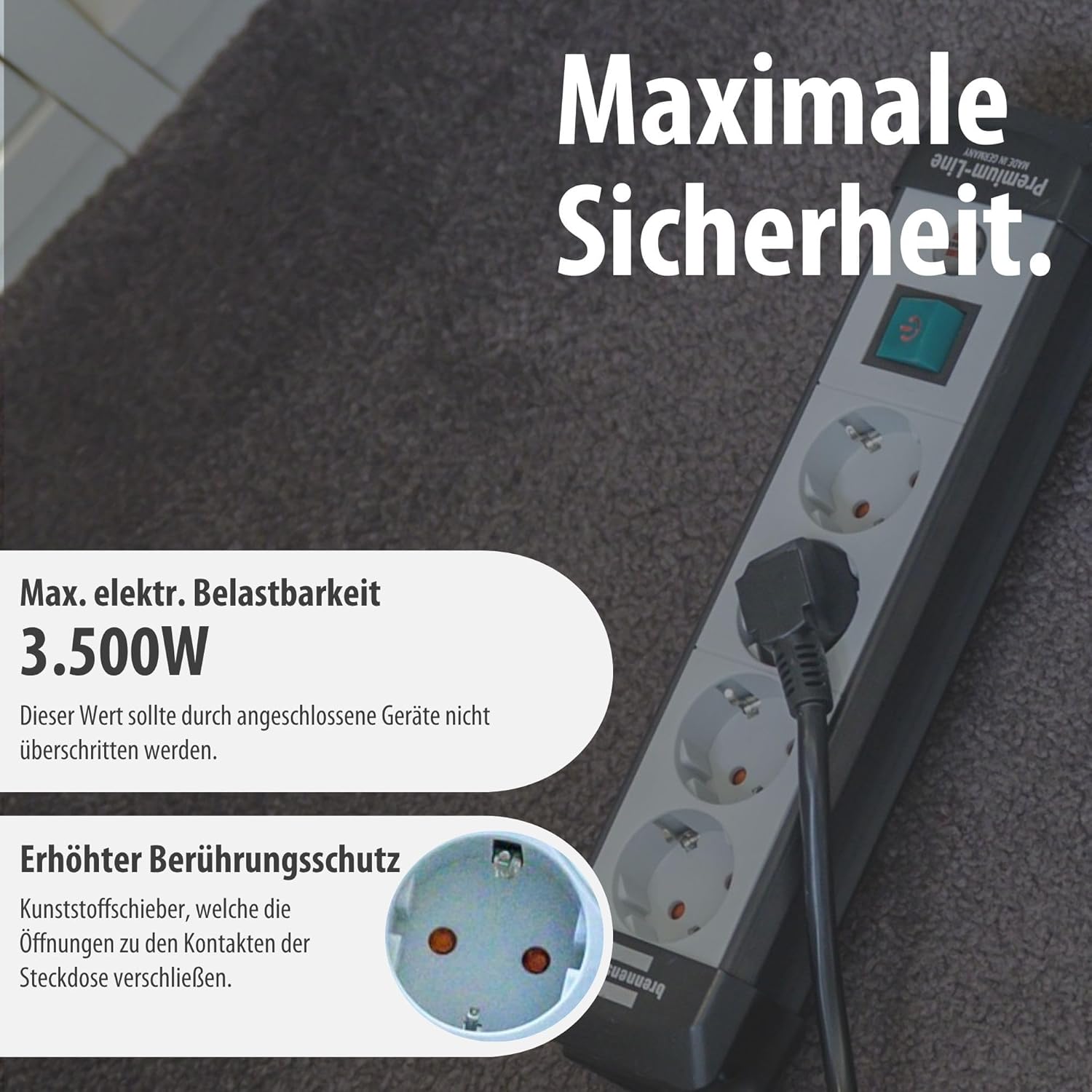 Brennenstuhl Premium-Line, Steckdosenleiste 4-fach (Steckerleiste mit Schalter und 5m Kabel - 45° Anordnung der Steckdosen, Made in Germany) schwarz/grau – Bild 6