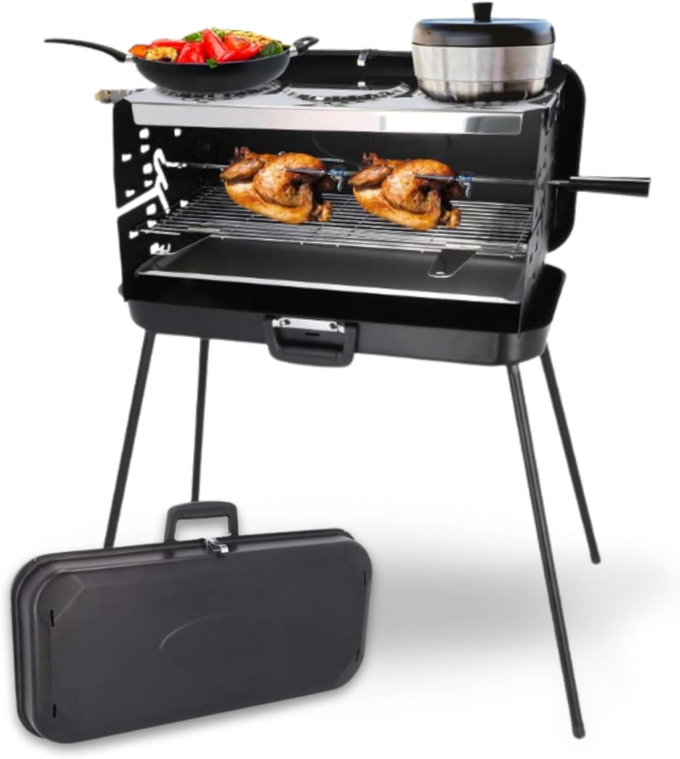 BERGER Camping-Gasgrill, faltbarer tragbarer Koffergrill mit 3 Brennern, 50 mbar für schnelles Kochen, 3 Kochfelder und ein Grillspieß inklusive, winddichter Camping- und Balkongrill