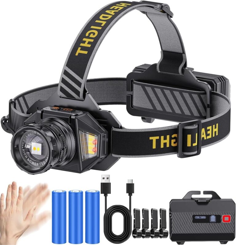KZK Stirnlampe LED wiederaufladbar, superhell, 250.000 Lumen, zoombar, 3 Lichtquellen (weiße/gelbe/rote Lichtquelle), Stirnlampe mit 12 Modi, IP67 wasserdicht, 90° verstellbarer Sensor-Stirnlampe für Camping