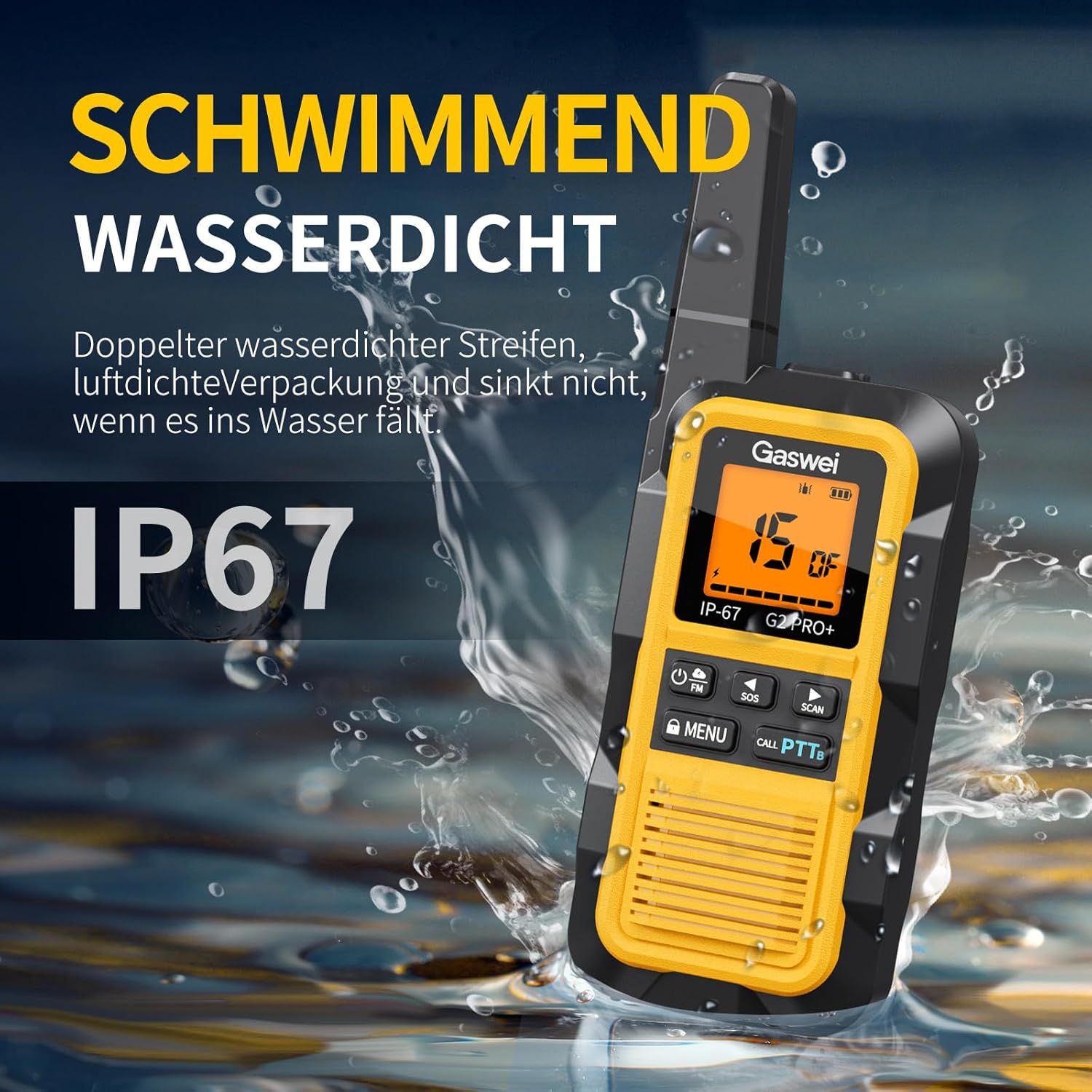 Gaswei G2Pro Professionelle Walkie-Talkies für Erwachsene, IP67, wasserdicht und schwimmfähig, Langstreckenradio mit Doppel-PTT, VOX, SOS, UKW-Radio + Akku für den Außenbereich, 1er-Set in Gelb – Bild 2