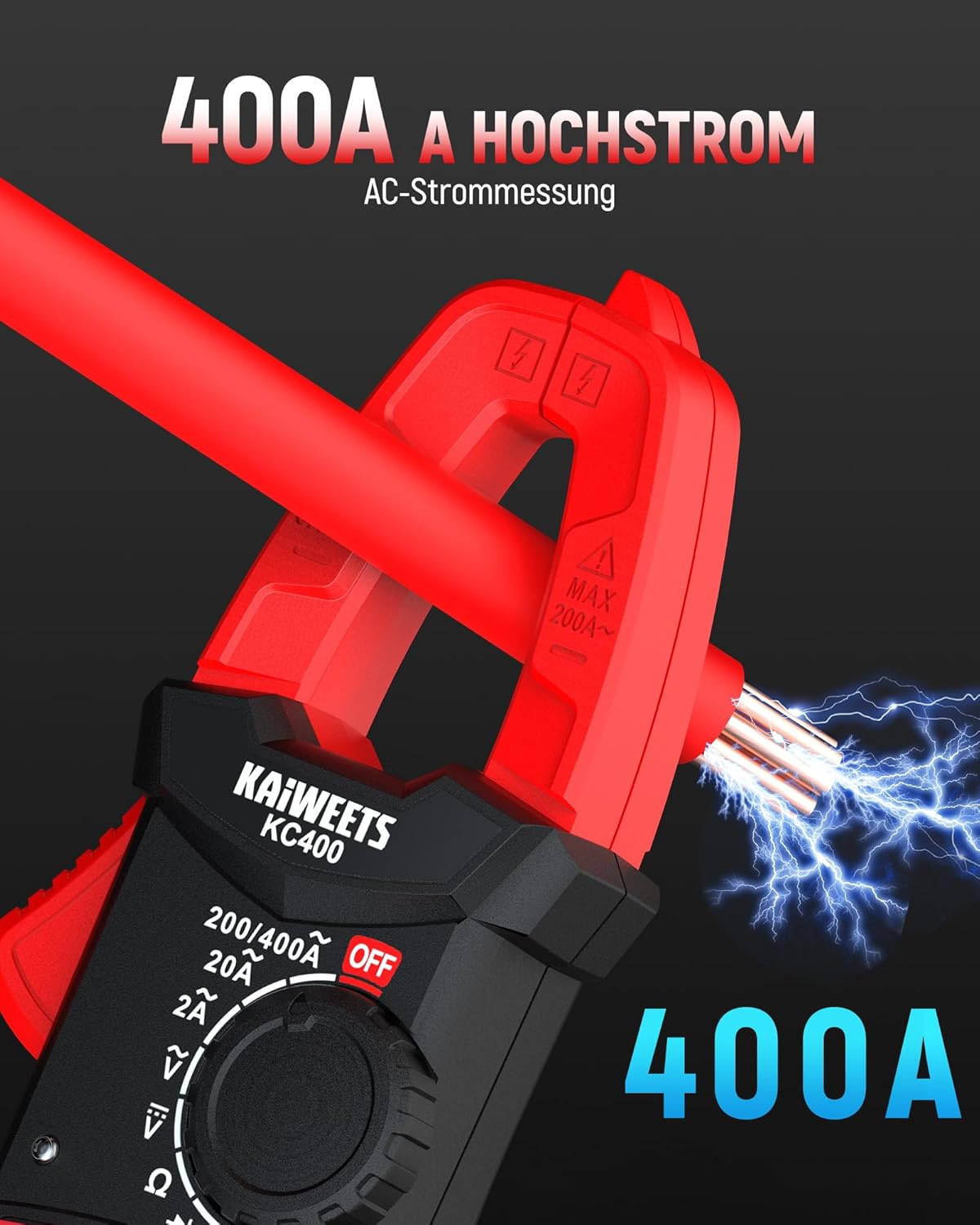 KAIWEETS Digitale Stromzange, tragbares Strommessgerät 400 A AC, 600 V AC/DC, 2000 Zählungen, Auto-Range-Spannungsprüfer, Messgerät für Strom, Spannung, Widerstand, Durchgang und Diode, KC400 – Bild 3
